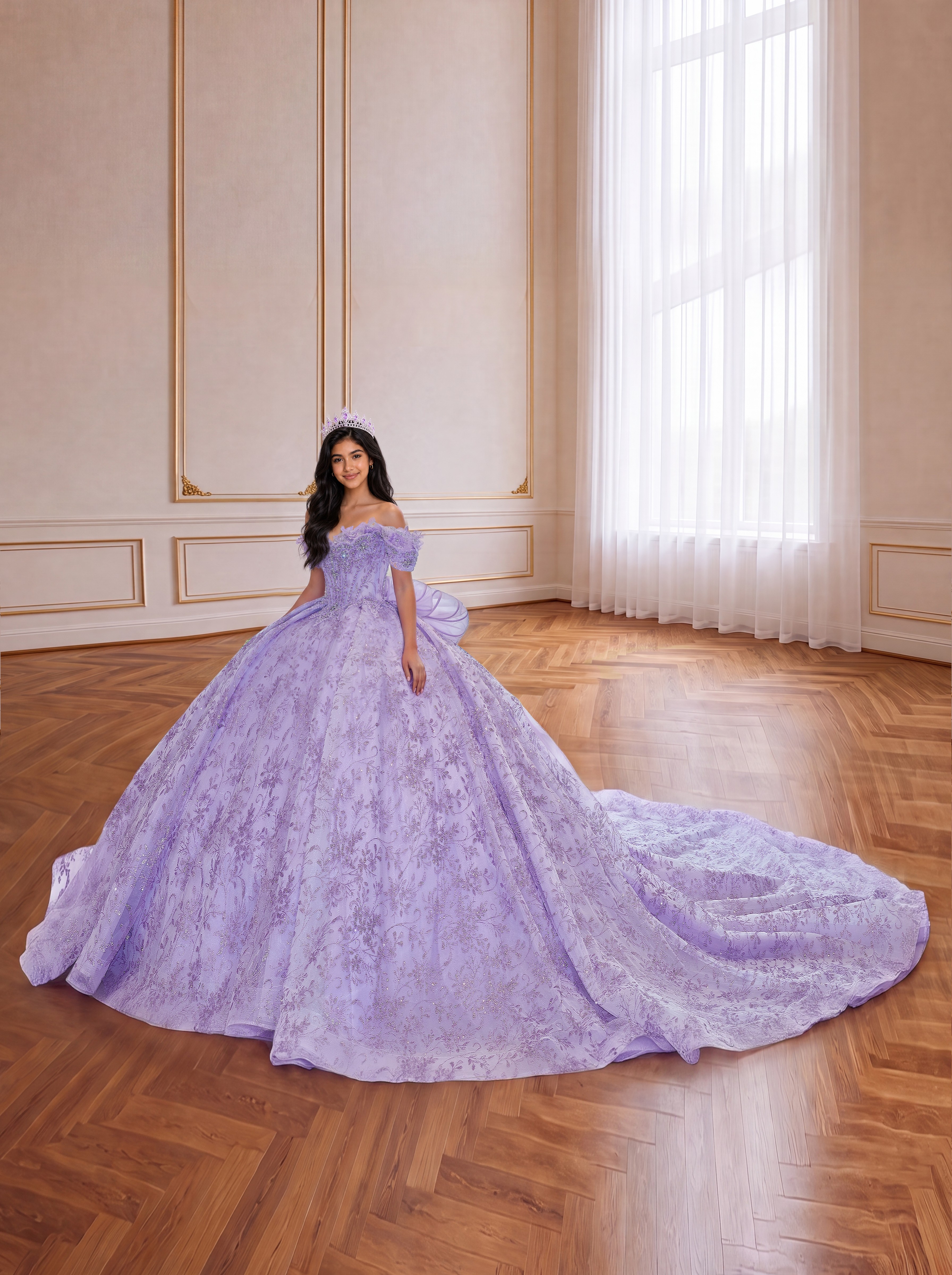 Lavender Purple Off Shoulder Lace Quinceanera Dress Beaded Corset Ball Gown With Large Back Bow & Long Train