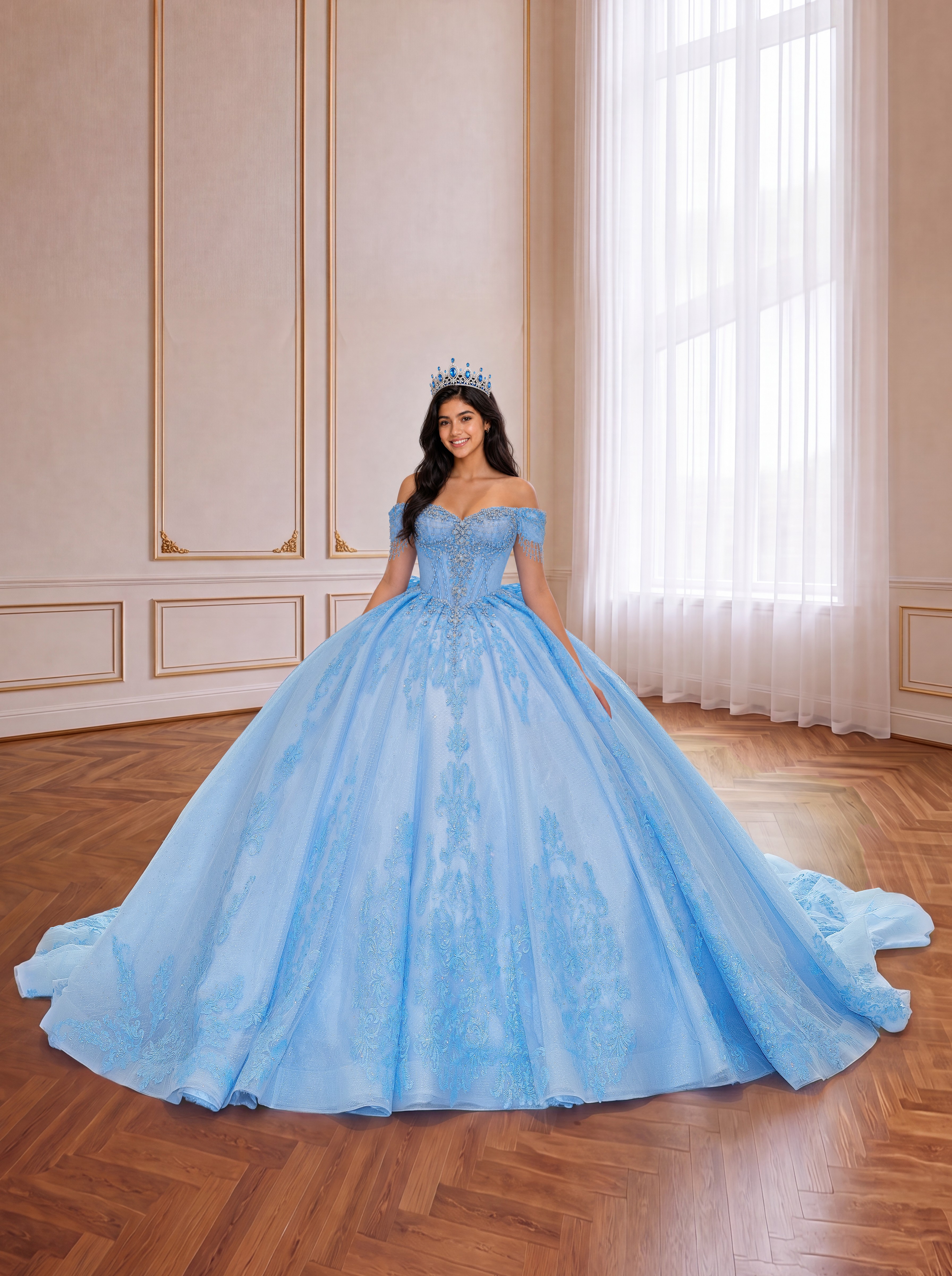 Sky Blue Off Shoulder Lace Quinceanera Dress Rhinestone Corset Ball Gown With Large Back Bow & Long Train