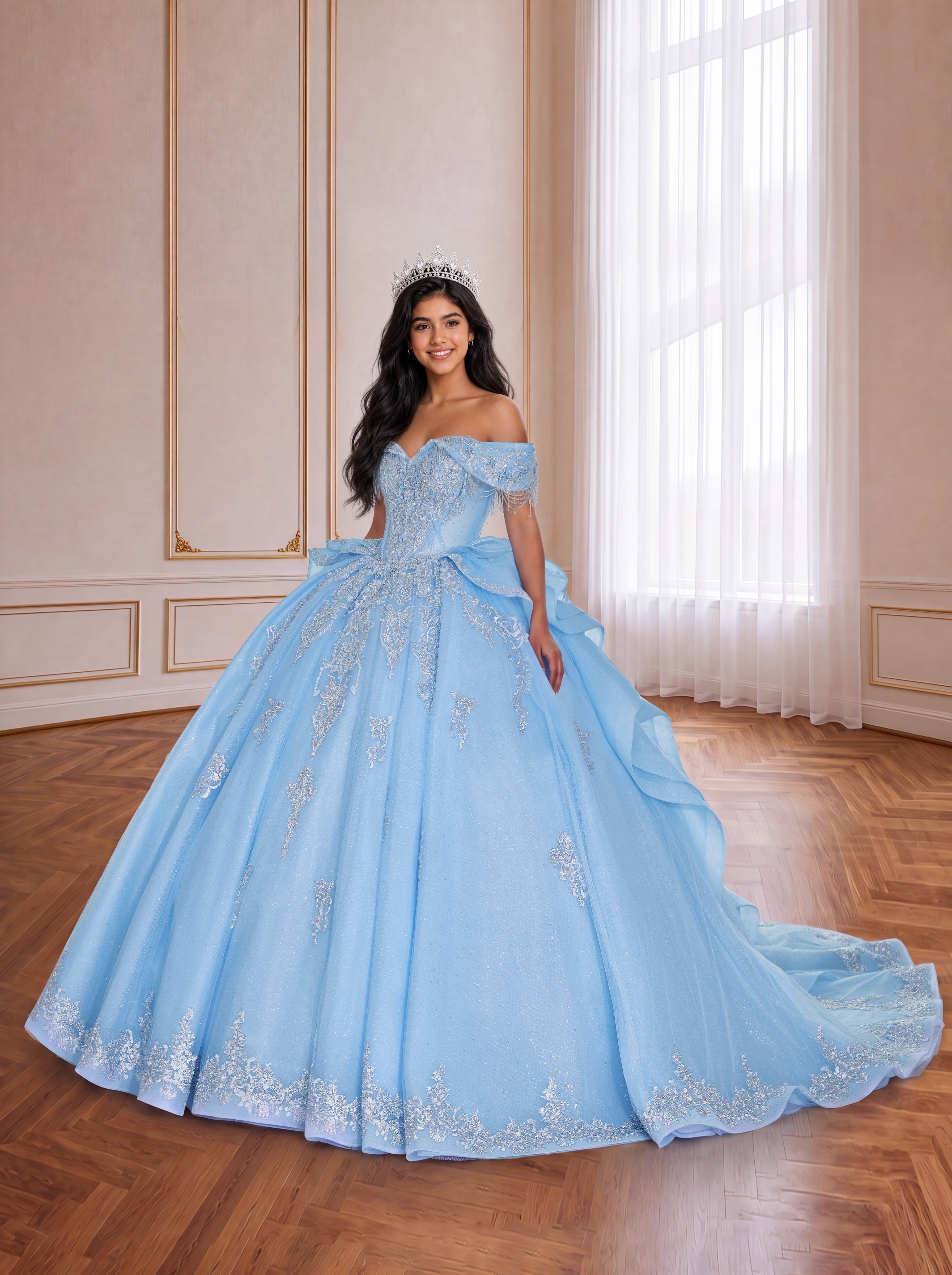 Sky Blue Fairytale Off Shoulder Quinceanera Gown With Silver Lace Appliqués