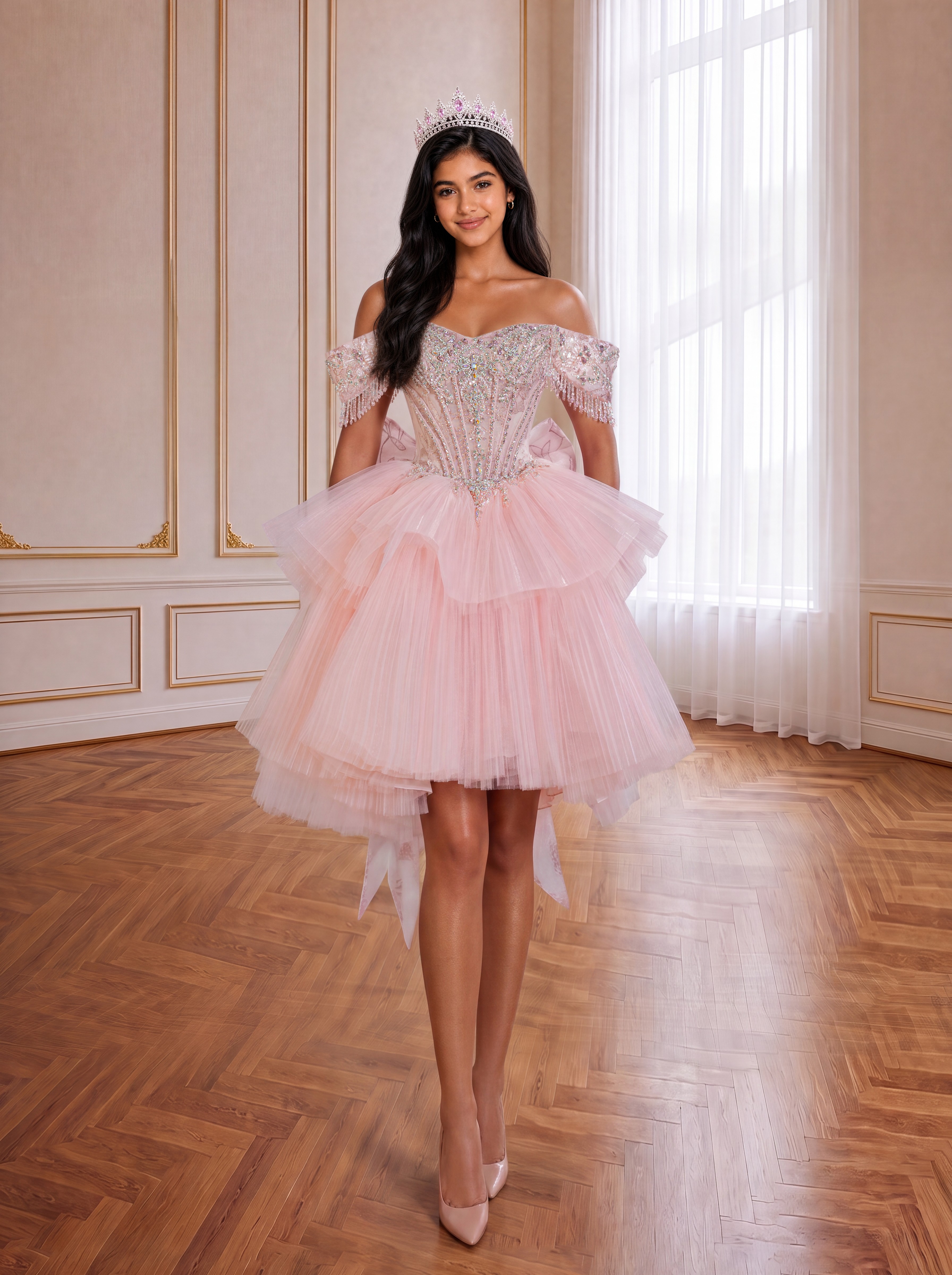 Pink girls' irregular skirt-length dress