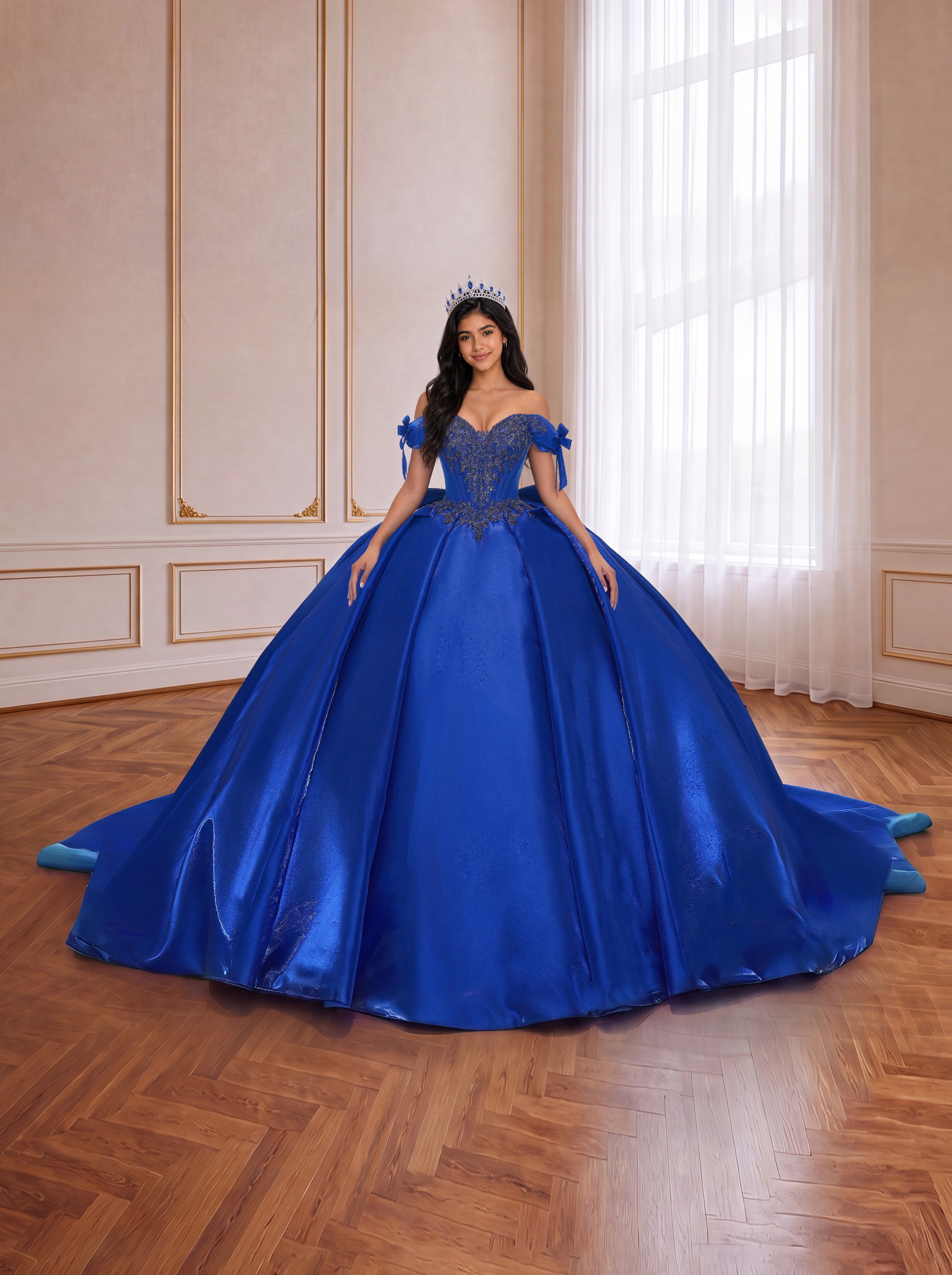 Royal Blue Off Shoulder Satin Quinceanera Dress Beaded Corset Ball Gown With Bow Sleeves & Giant Back Bow Chapel Train