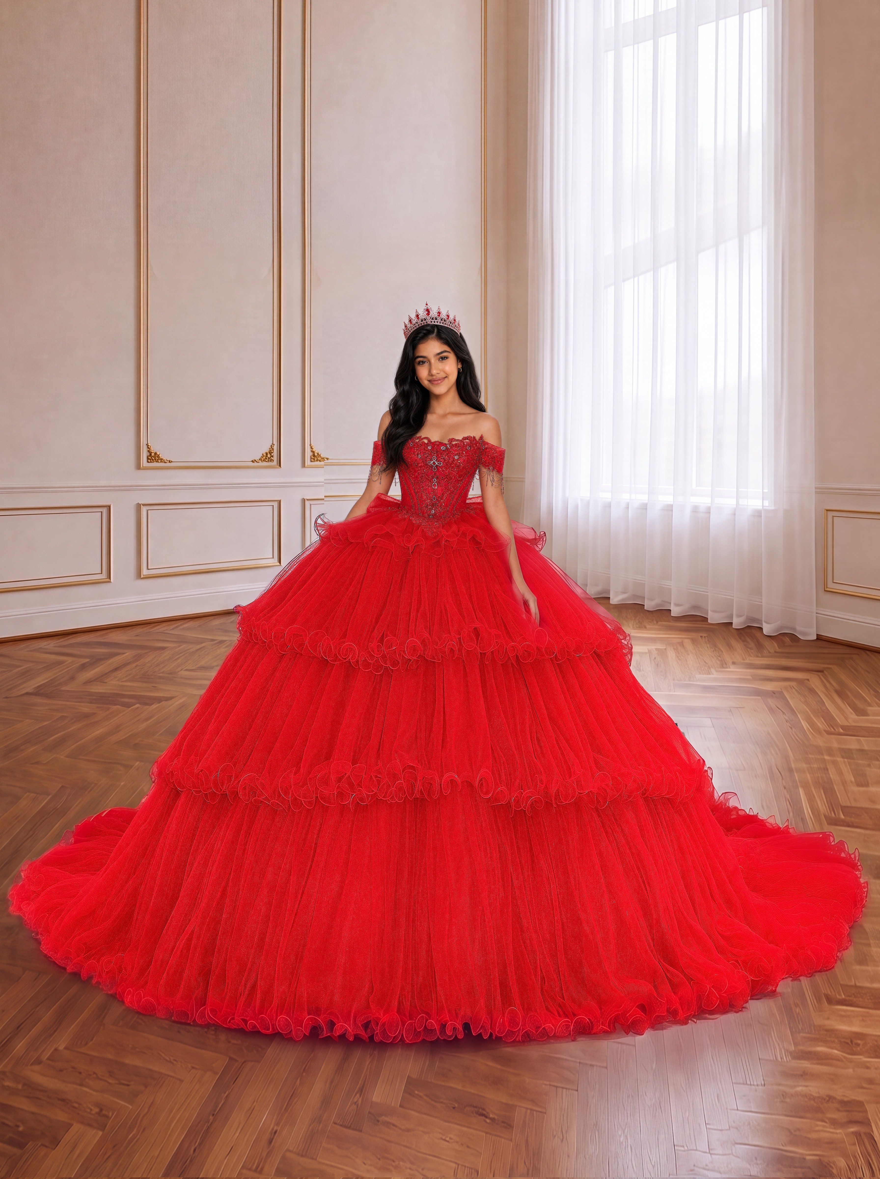 Red Tiered Ruffle Off Shoulder Quinceanera Gown With Long Train