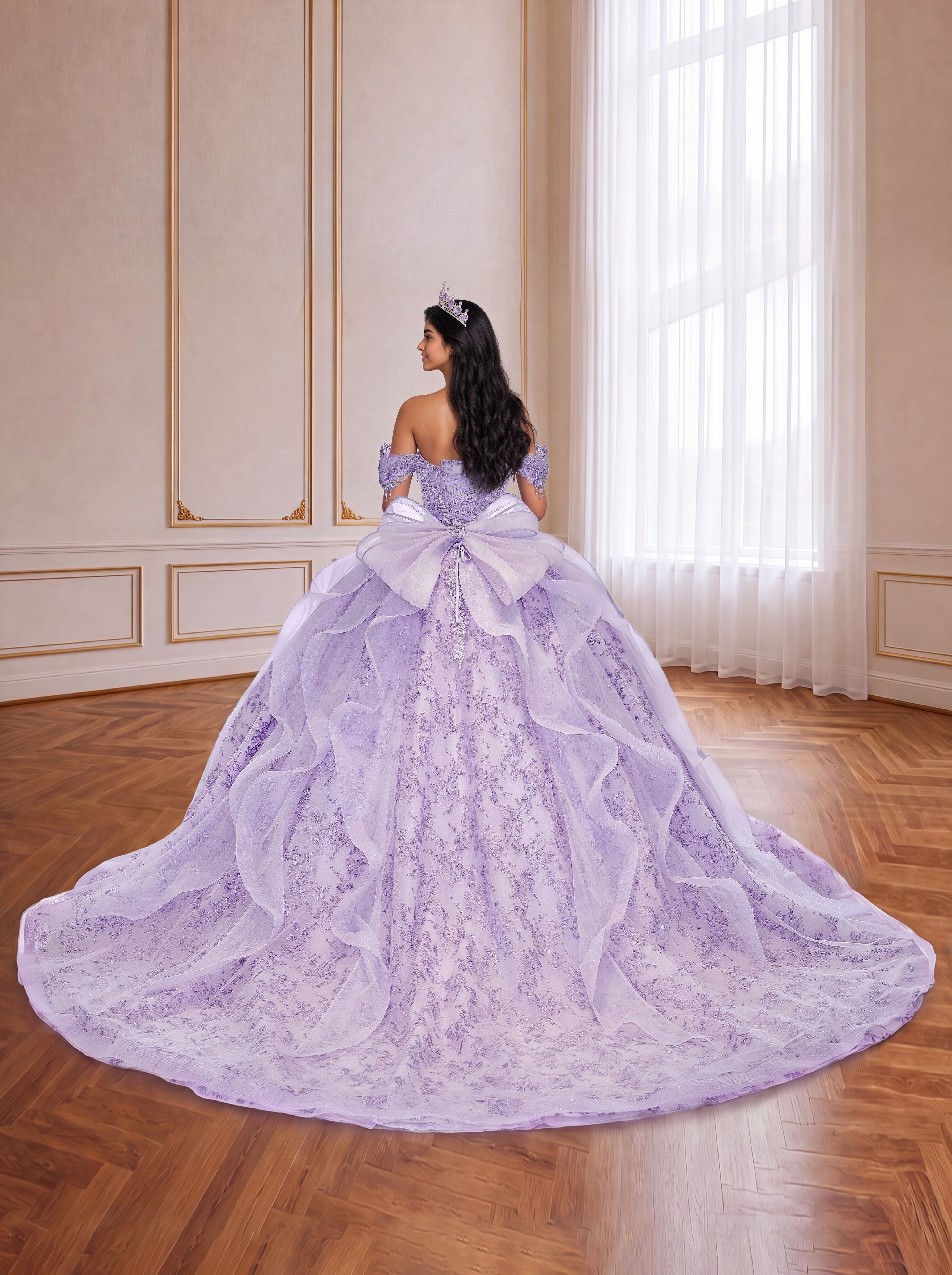 Lavender Purple Off Shoulder Lace Quinceanera Dress Beaded Corset Ball Gown With Large Back Bow & Long Train