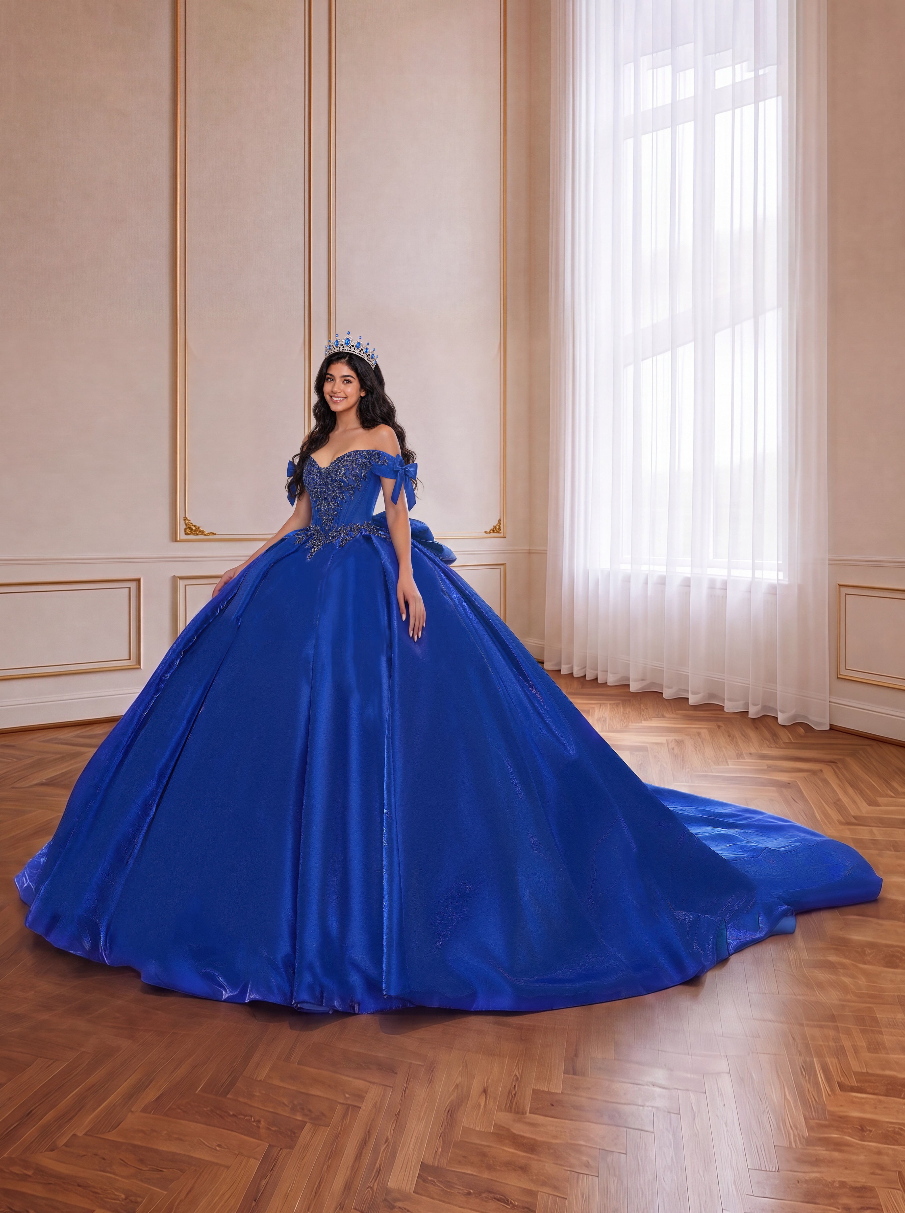 Royal Blue Off Shoulder Satin Quinceanera Dress Beaded Corset Ball Gown With Bow Sleeves & Giant Back Bow Chapel Train