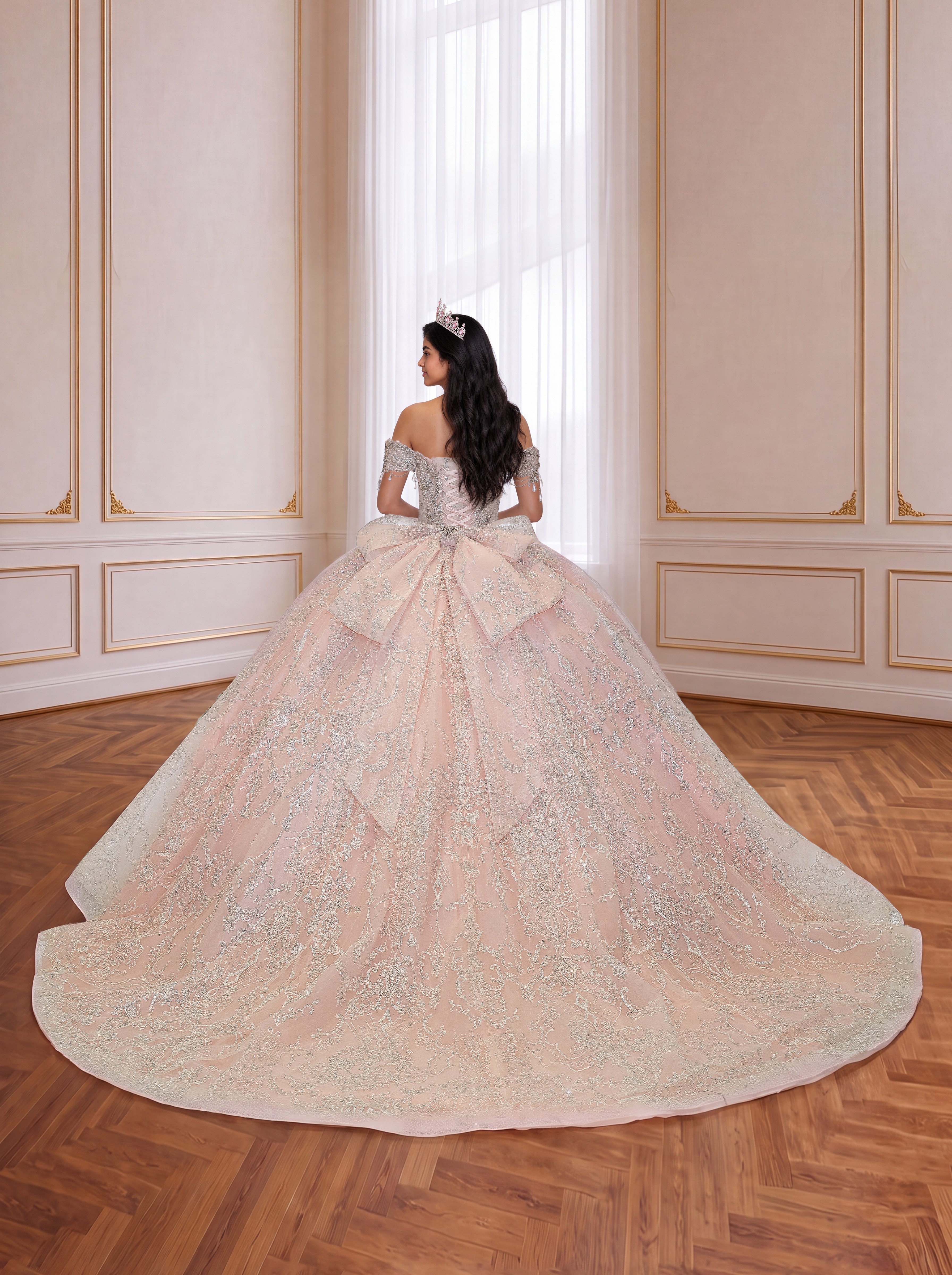 Blush Pink Off Shoulder Silver Lace Quinceanera Dress Beaded Tassel Sleeves Big Bow Long Train Ball Gown