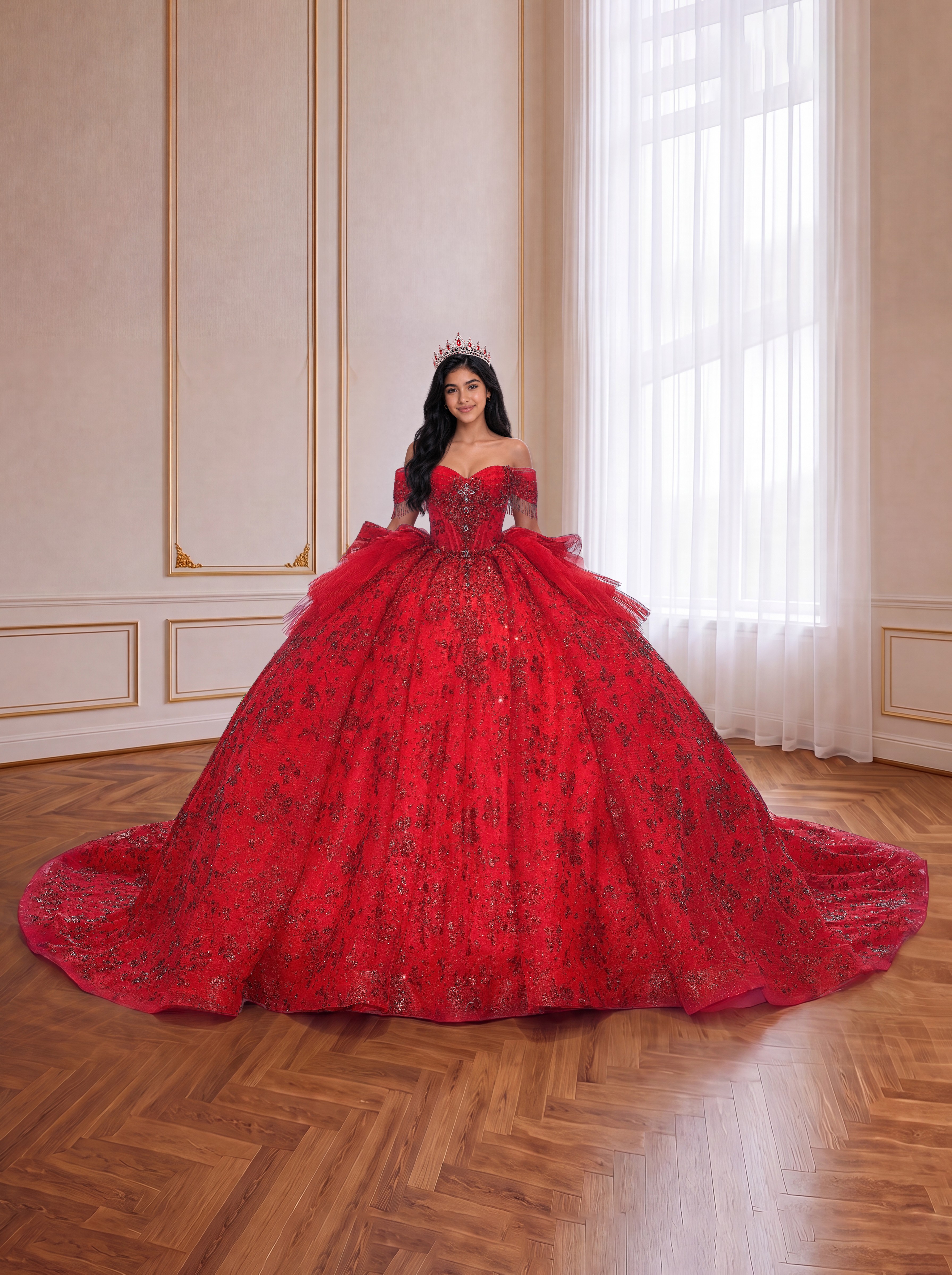 Bright Red Off Shoulder Sparkly Lace Quinceanera Dress Beaded Corset Ball Gown With Tiered Back Bow & Extra Long Train