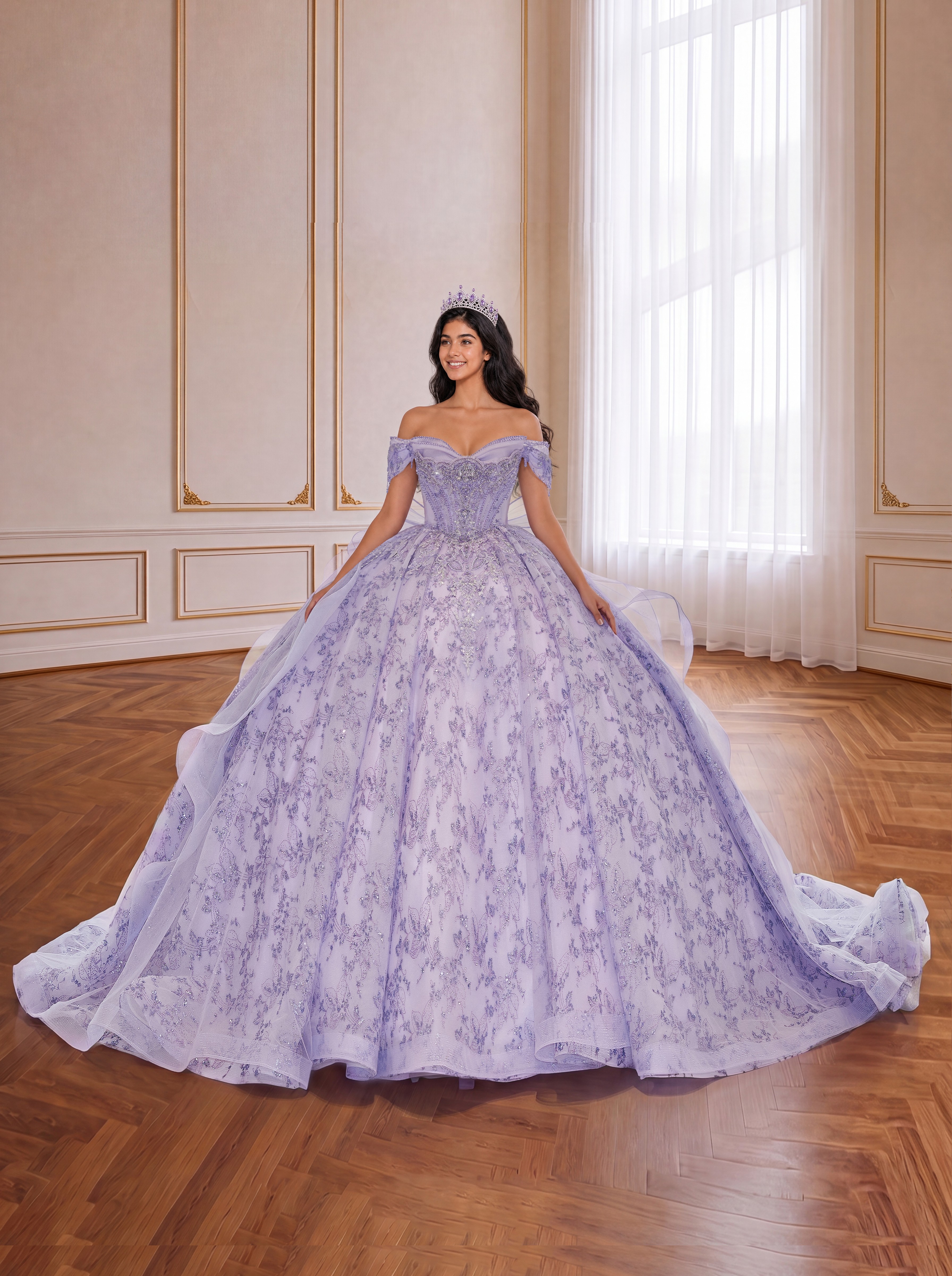 Lavender Purple Off Shoulder Lace Quinceanera Dress Beaded Corset Ball Gown With Large Back Bow & Long Train