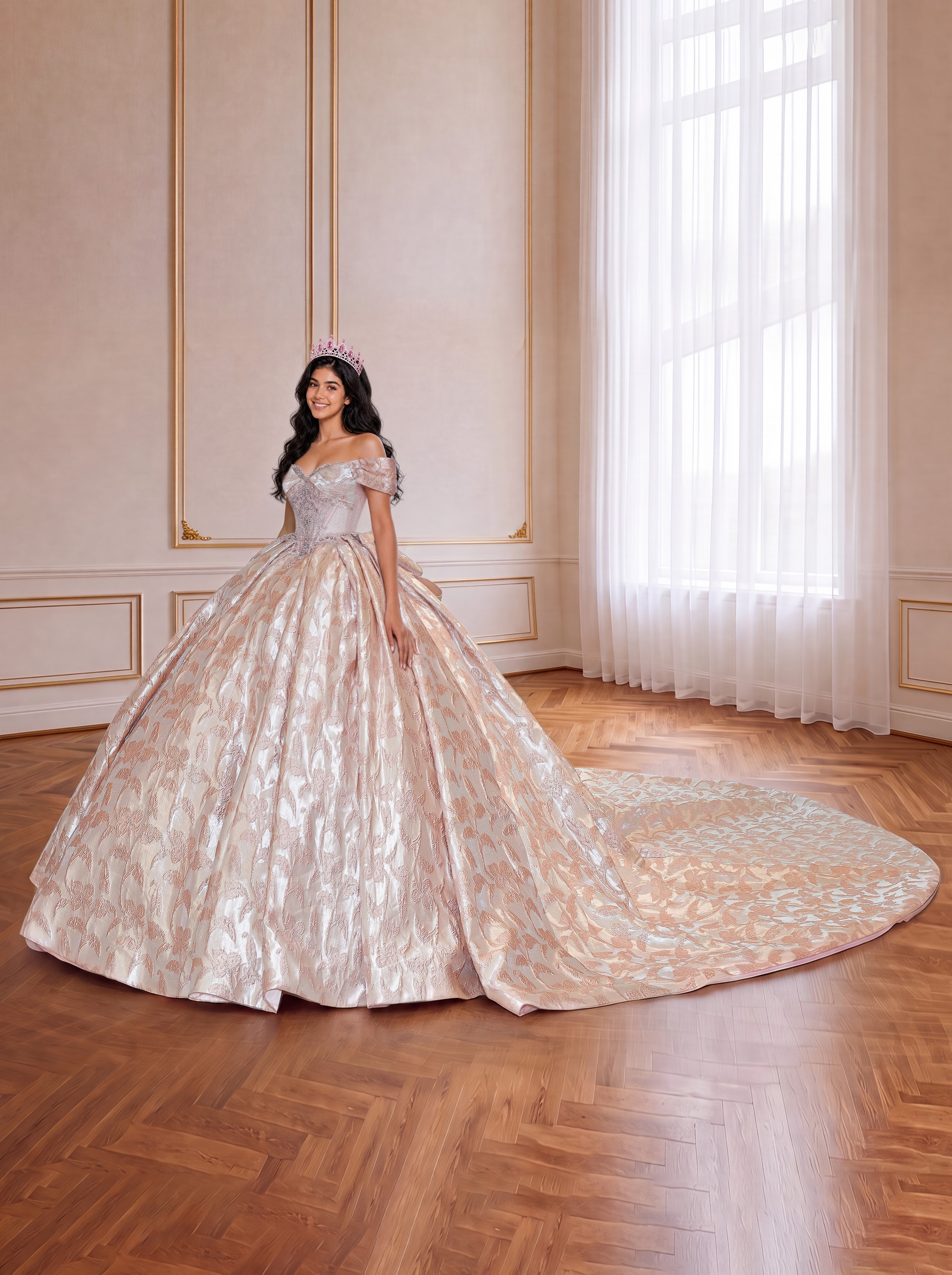 Champagne Blush Off Shoulder Jacquard Quinceanera Dress Beaded Corset Ball Gown With Large Back Bow & Cathedral Train