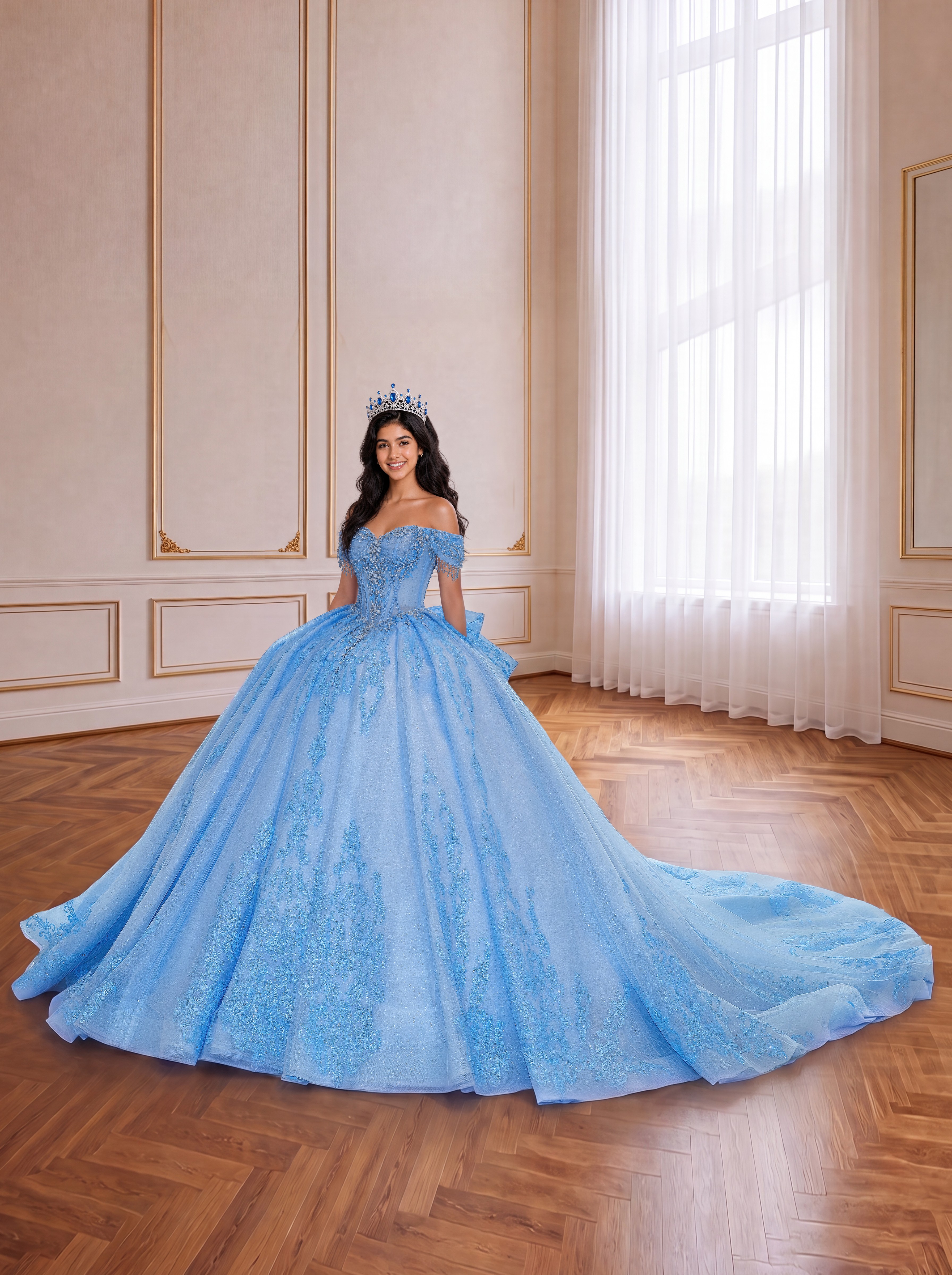 Sky Blue Off Shoulder Lace Quinceanera Dress Rhinestone Corset Ball Gown With Large Back Bow & Long Train