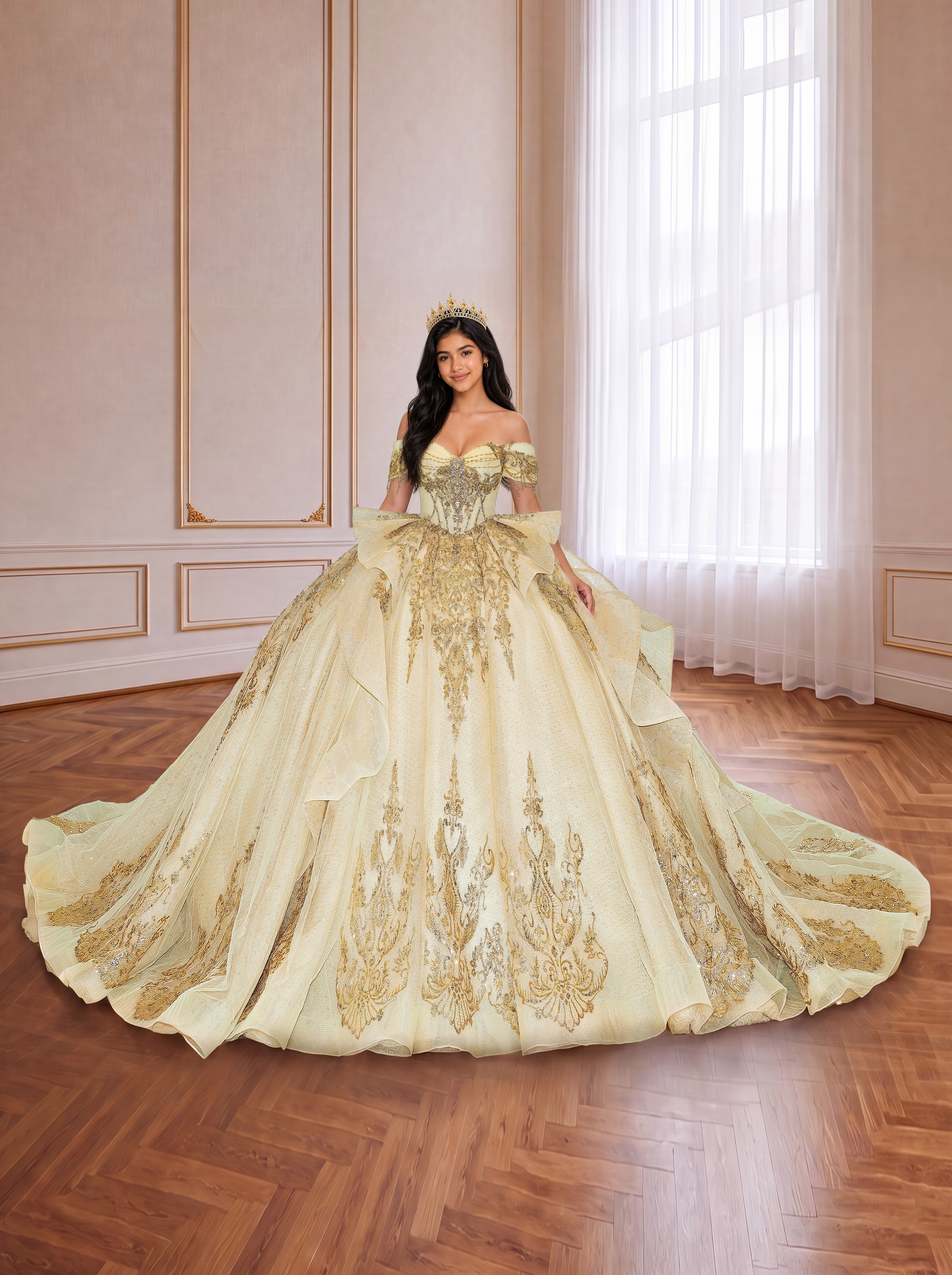 Champagne Gold Off Shoulder Glitter Tulle Quinceanera Dress Gold Lace Corset Ball Gown With Back Bow & Royal Train