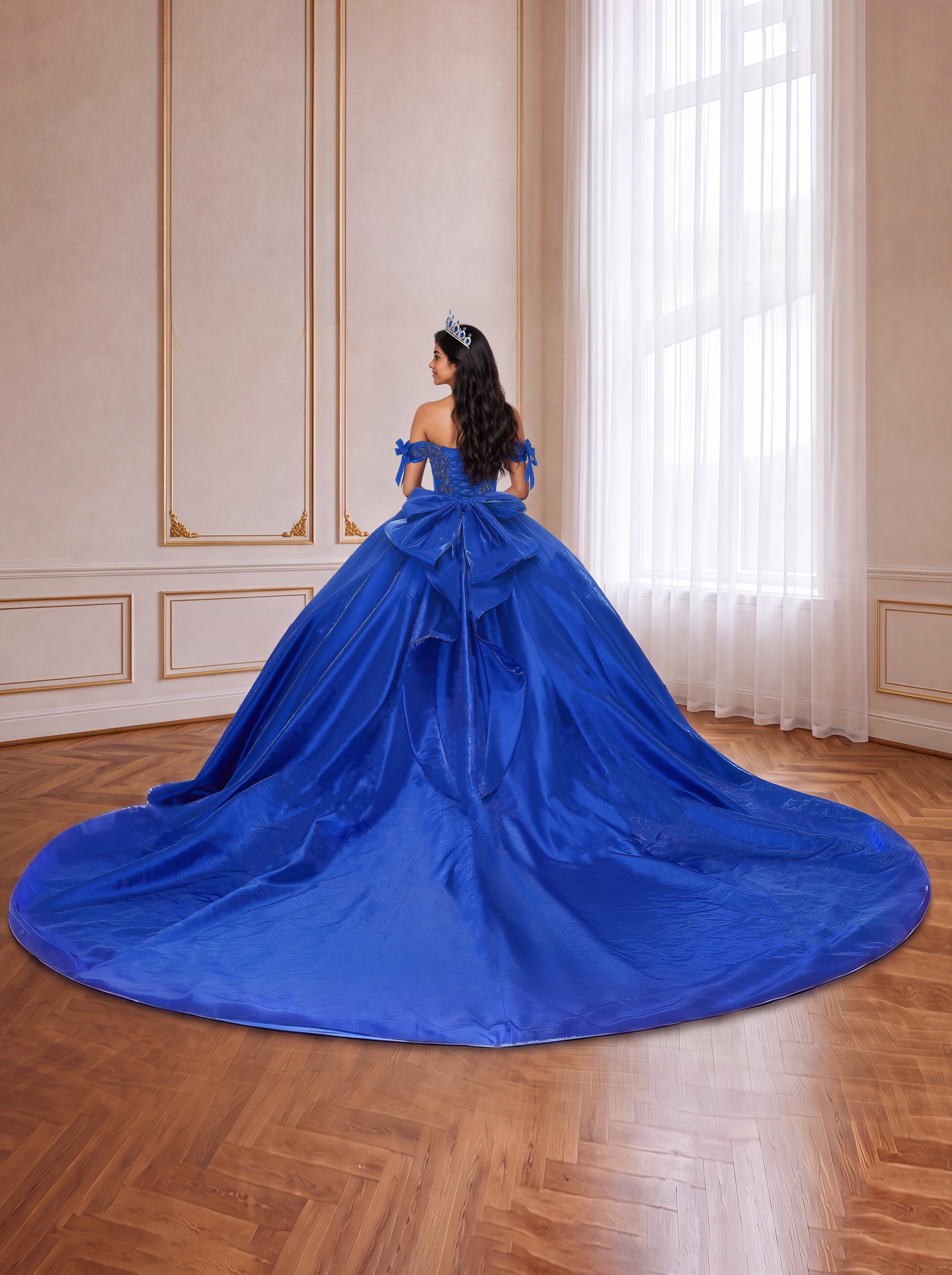 Royal Blue Off Shoulder Satin Quinceanera Dress Beaded Corset Ball Gown With Bow Sleeves & Giant Back Bow Chapel Train