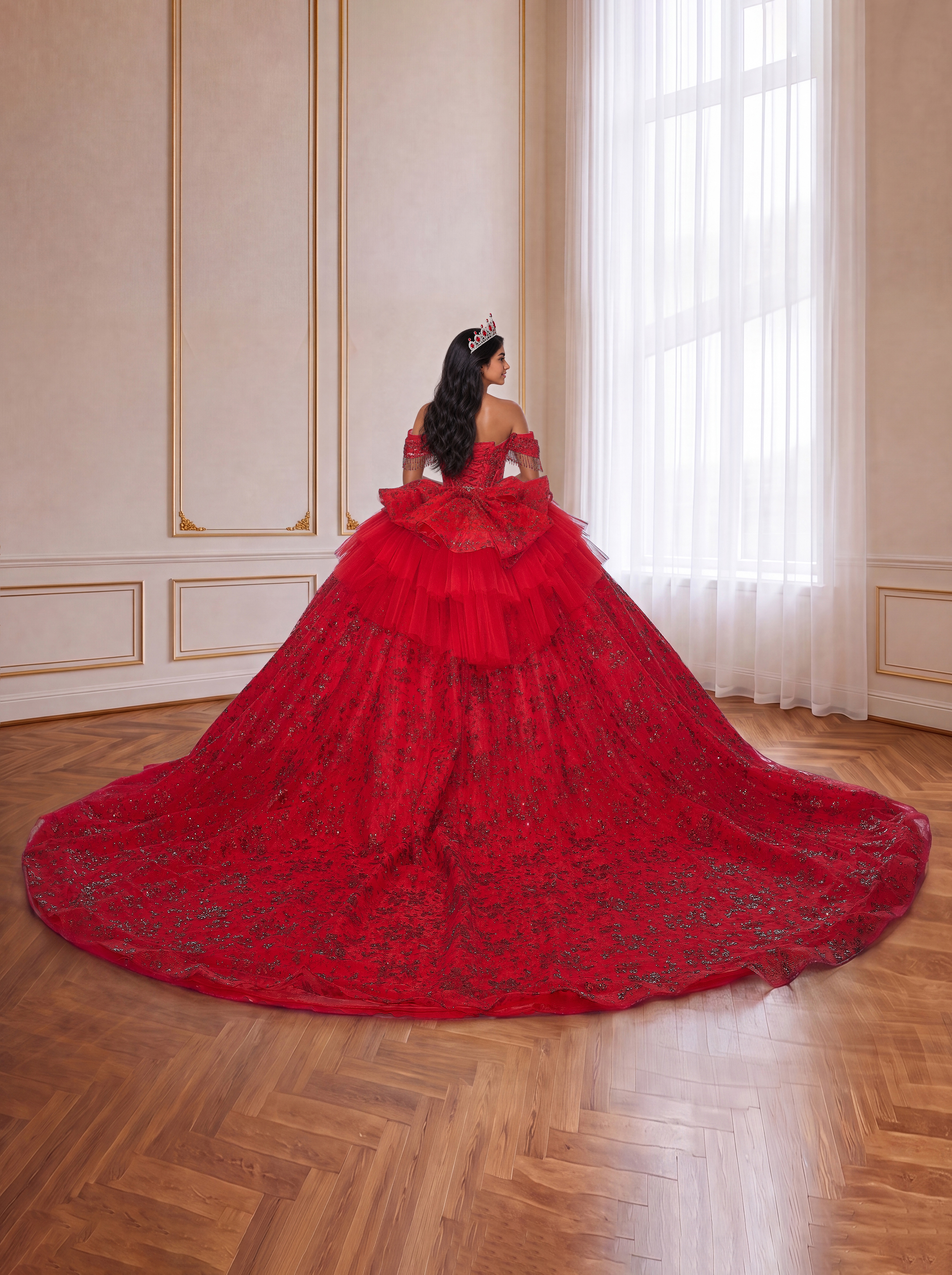 Bright Red Off Shoulder Sparkly Lace Quinceanera Dress Beaded Corset Ball Gown With Tiered Back Bow & Extra Long Train