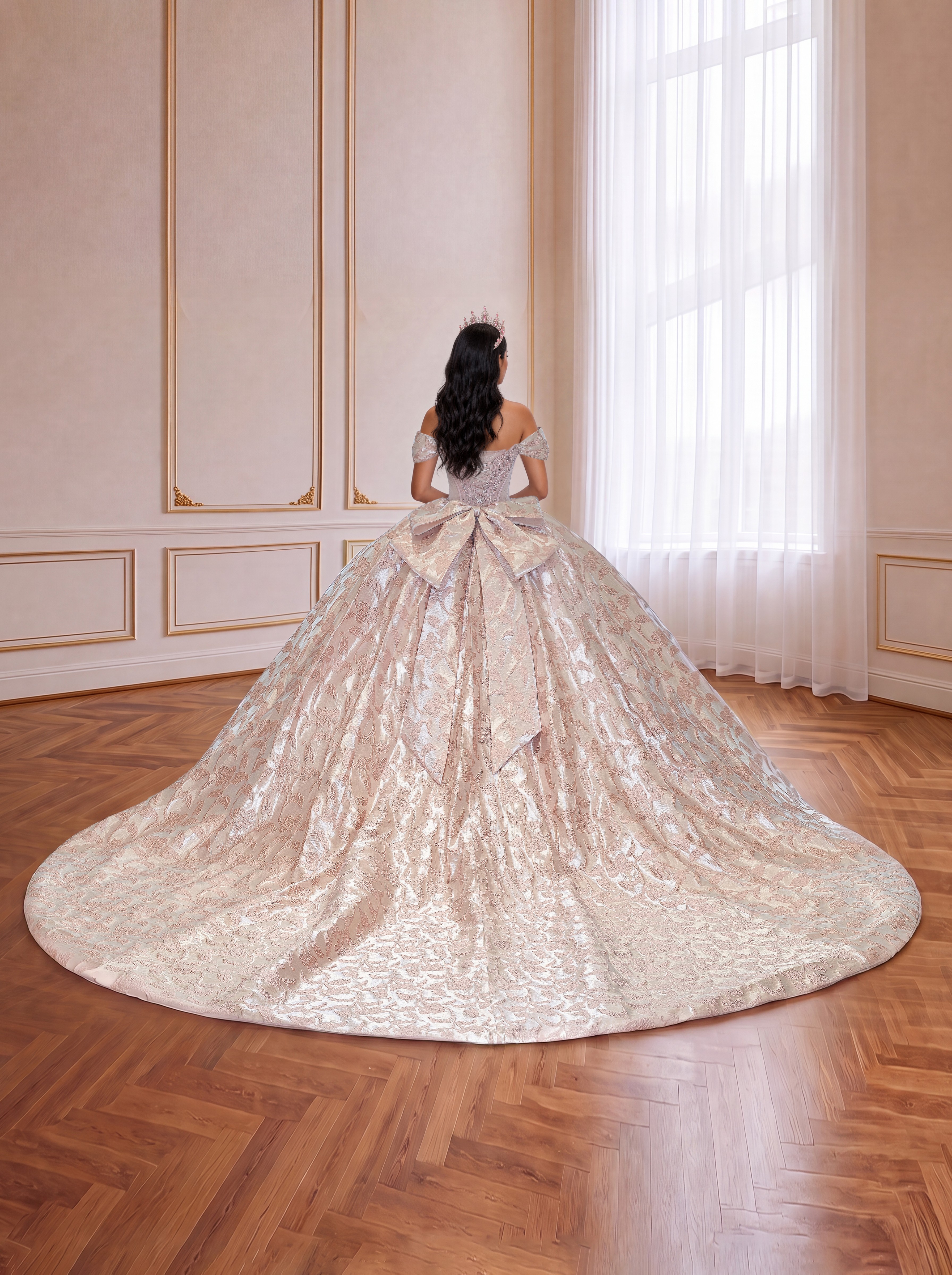 Champagne Blush Off Shoulder Jacquard Quinceanera Dress Beaded Corset Ball Gown With Large Back Bow & Cathedral Train