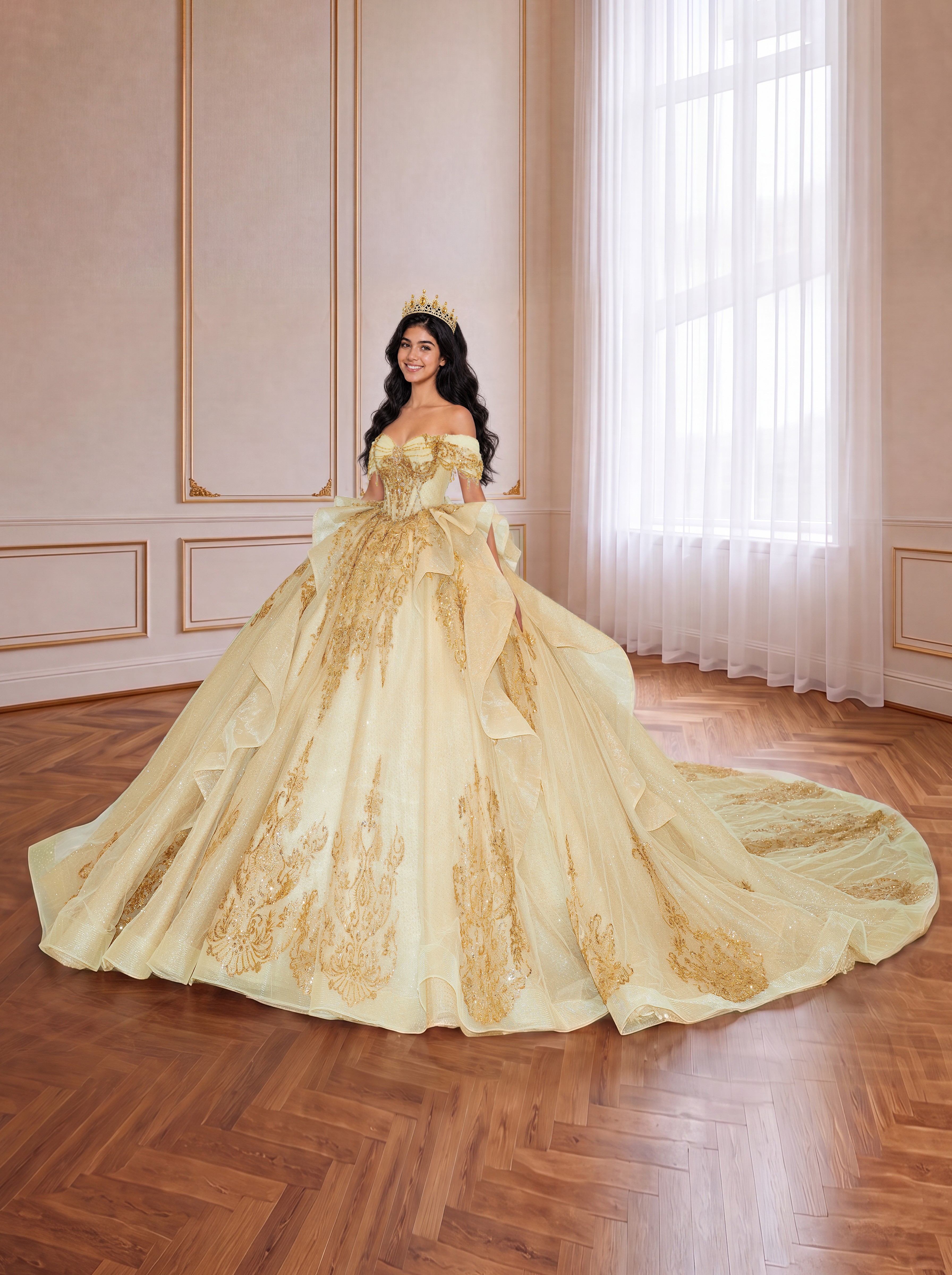 Champagne Gold Off Shoulder Glitter Tulle Quinceanera Dress Gold Lace Corset Ball Gown With Back Bow & Royal Train