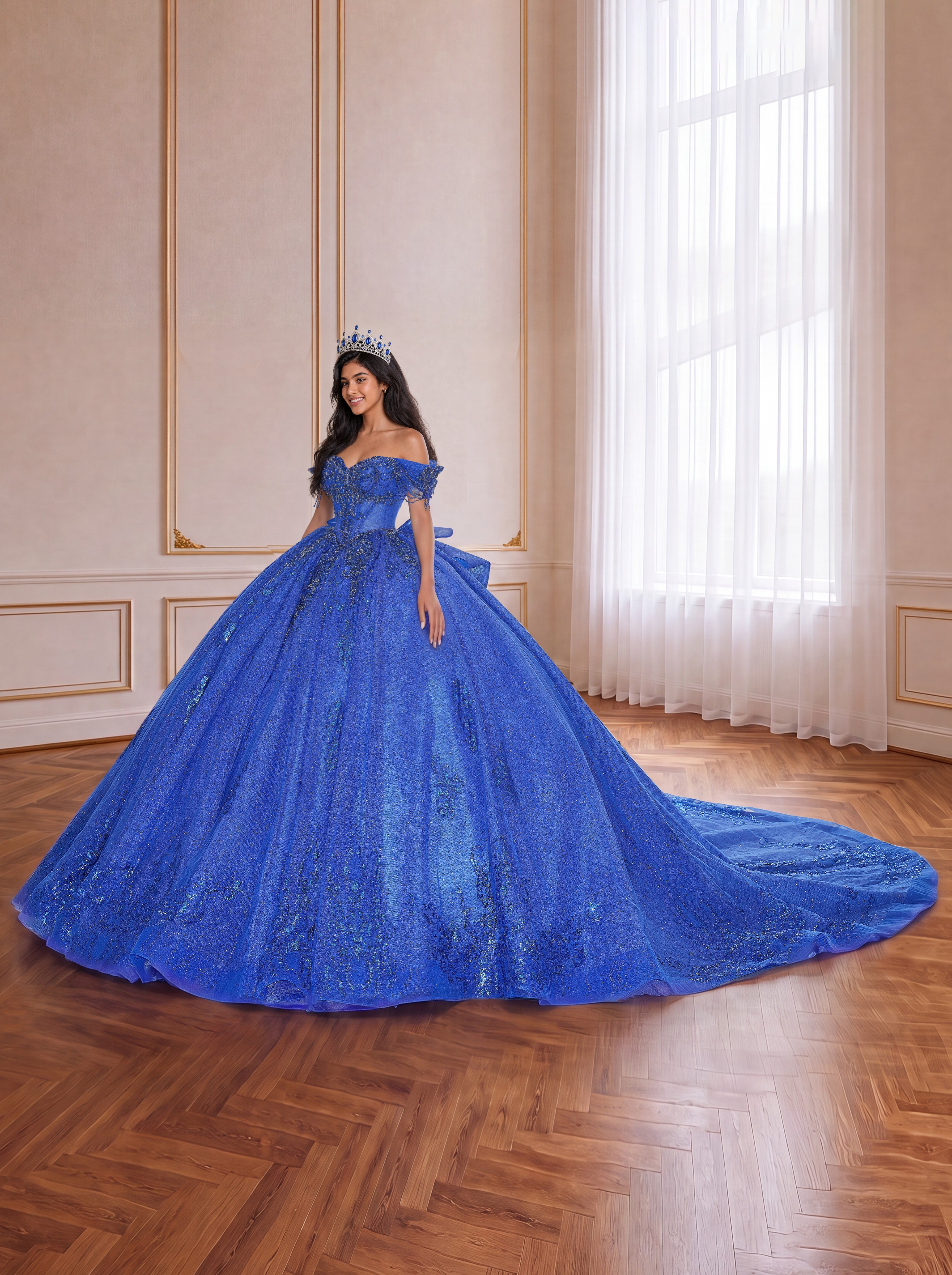 Royal Blue Off Shoulder Glitter Tulle Quinceanera Dress Beaded Corset Ball Gown With Large Back Bow & Long Train