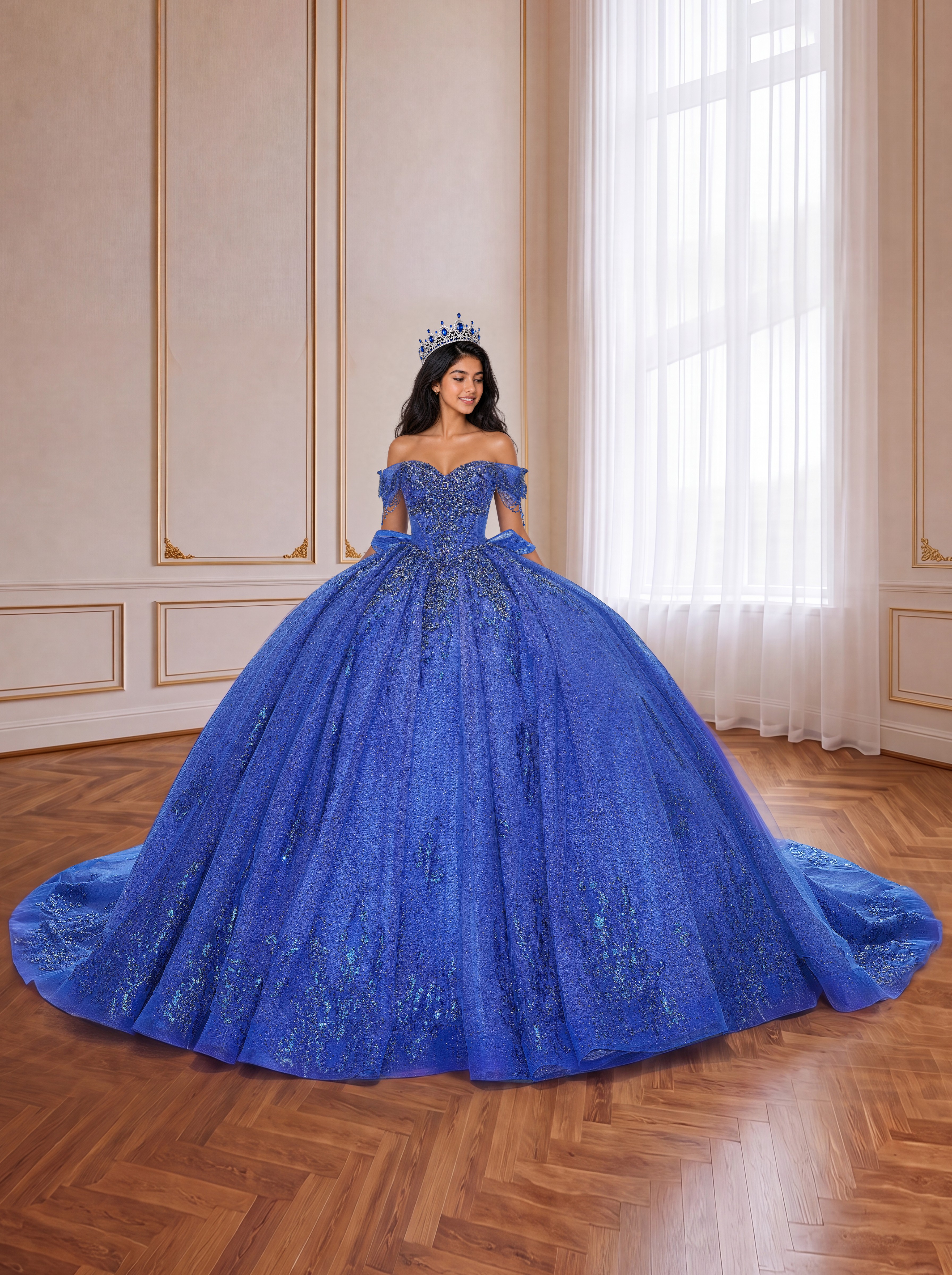 Royal Blue Off Shoulder Glitter Tulle Quinceanera Dress Beaded Corset Ball Gown With Large Back Bow & Long Train