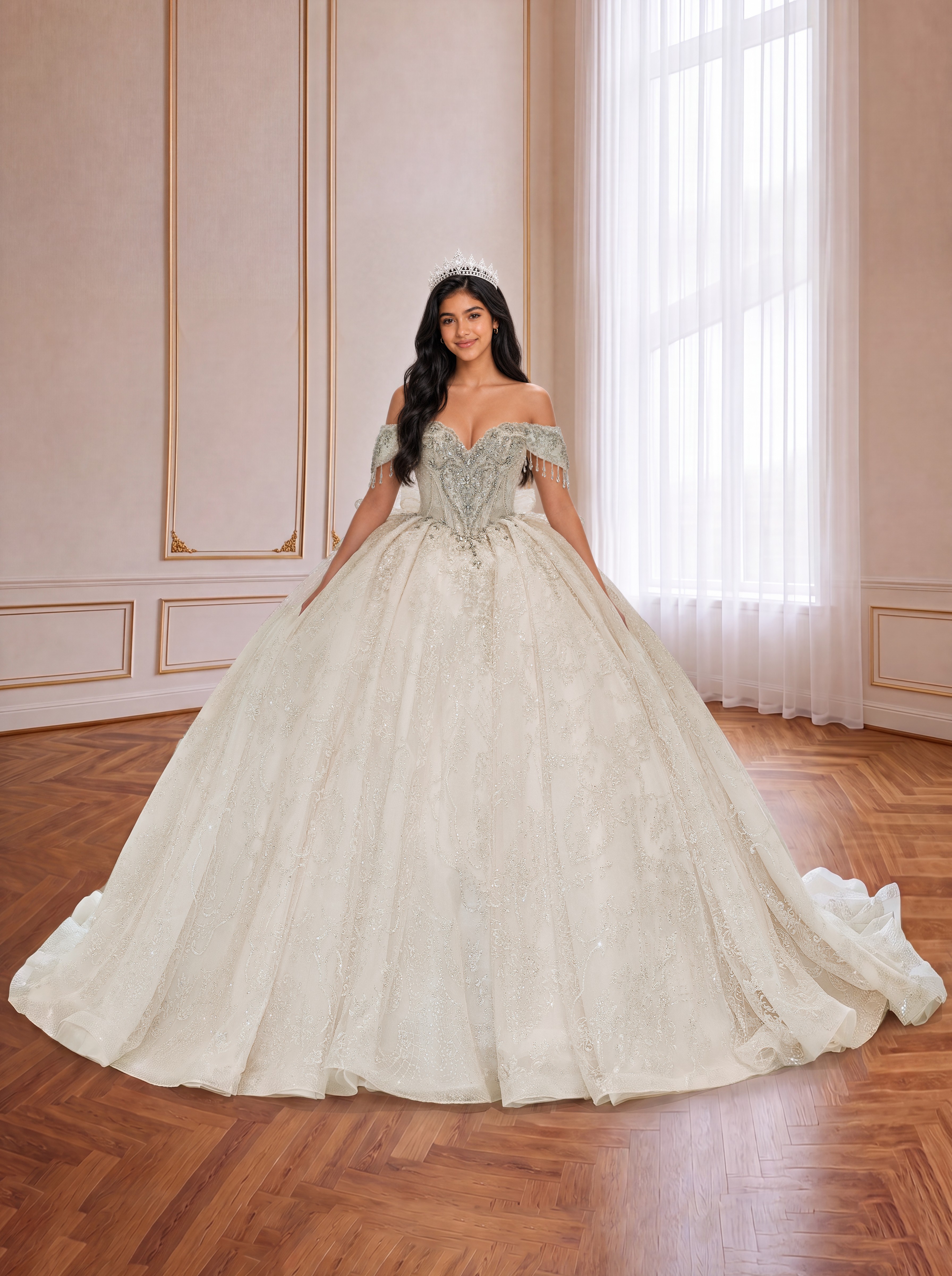 Champagne Ivory Off Shoulder Beaded Lace Quinceanera Dress Tassel Sleeve Corset Ball Gown With Tiered Back Bow & Long Train