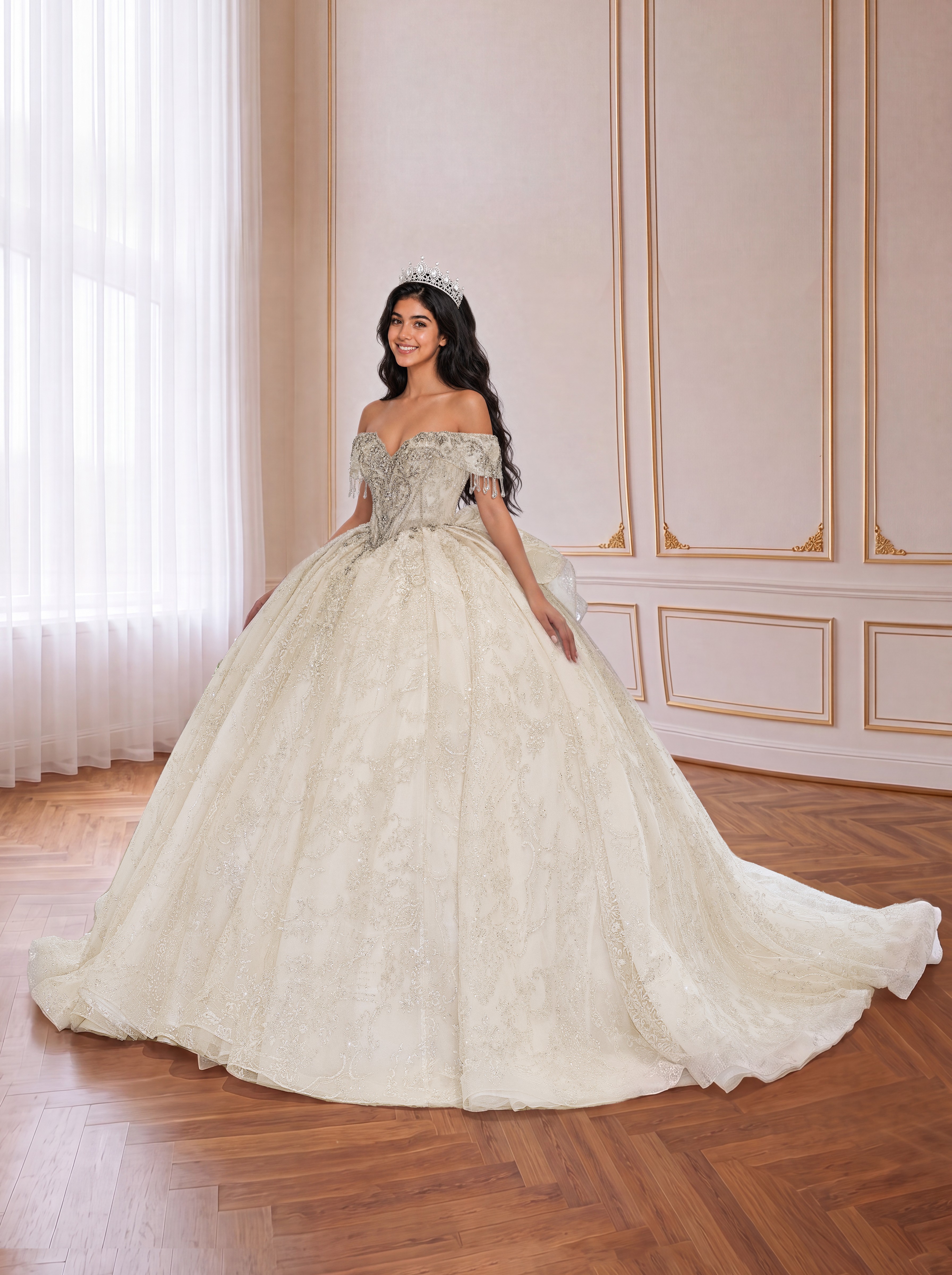 Champagne Ivory Off Shoulder Beaded Lace Quinceanera Dress Tassel Sleeve Corset Ball Gown With Tiered Back Bow & Long Train