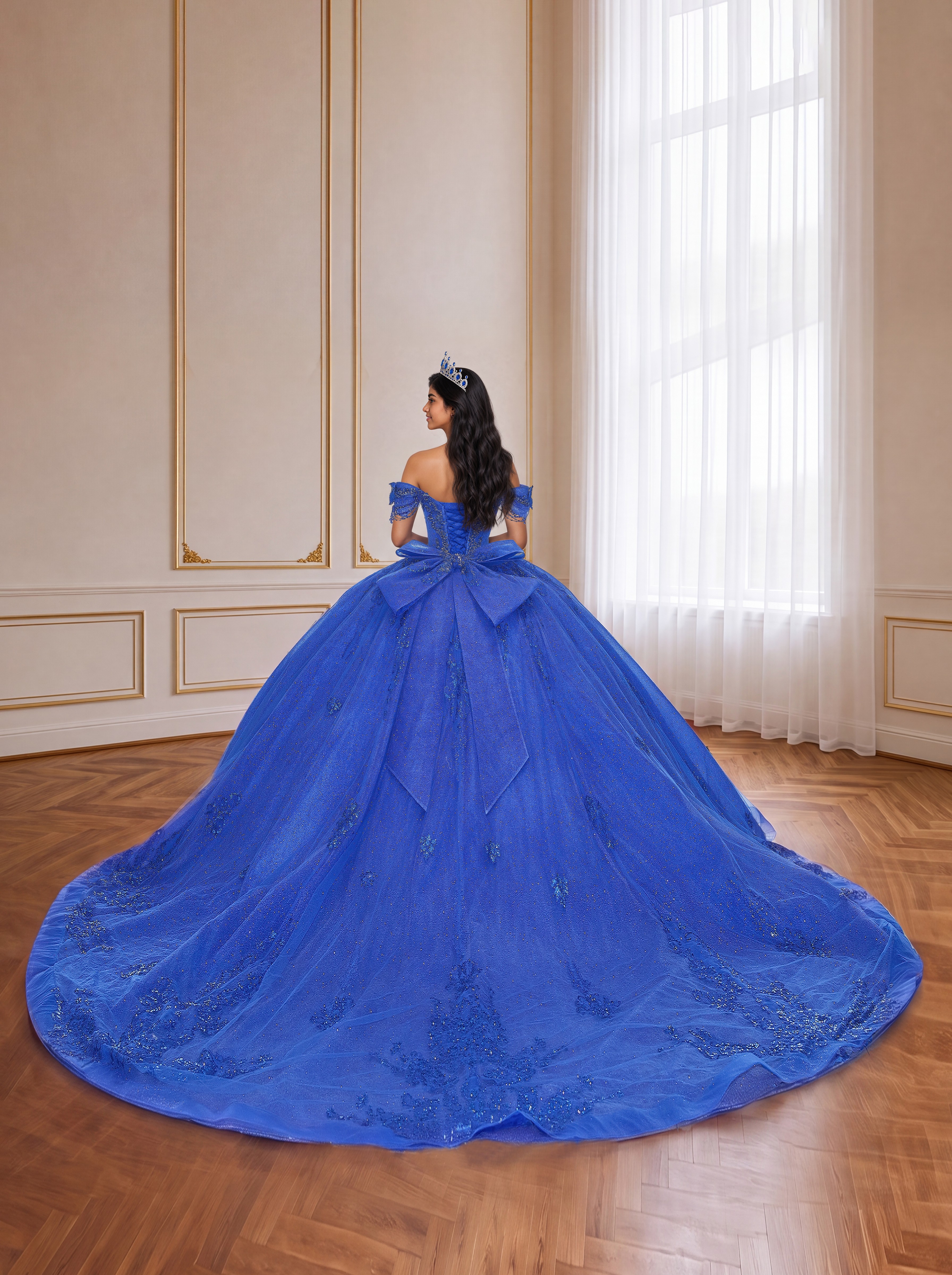 Royal Blue Off Shoulder Glitter Tulle Quinceanera Dress Beaded Corset Ball Gown With Large Back Bow & Long Train