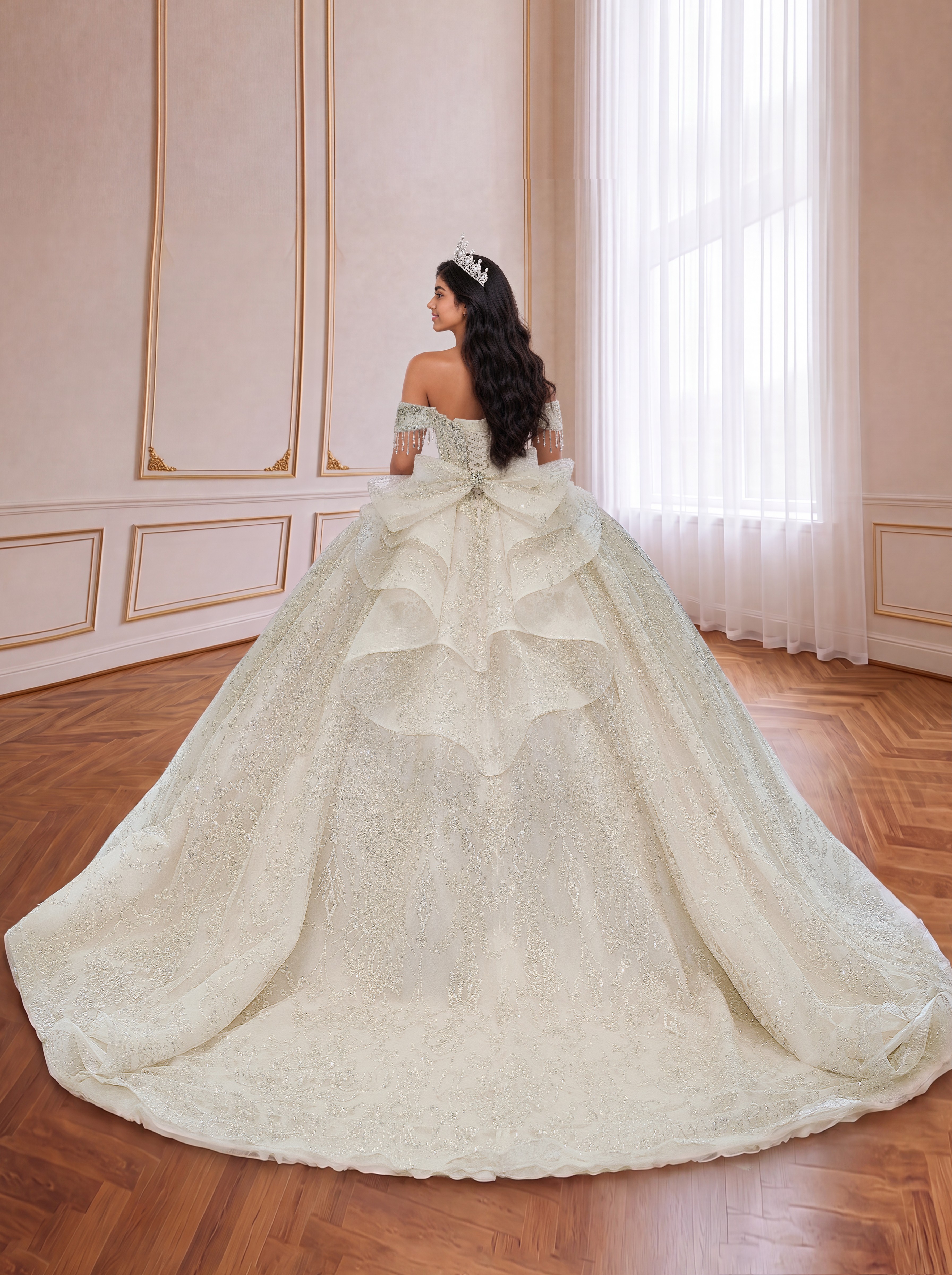 Champagne Ivory Off Shoulder Beaded Lace Quinceanera Dress Tassel Sleeve Corset Ball Gown With Tiered Back Bow & Long Train