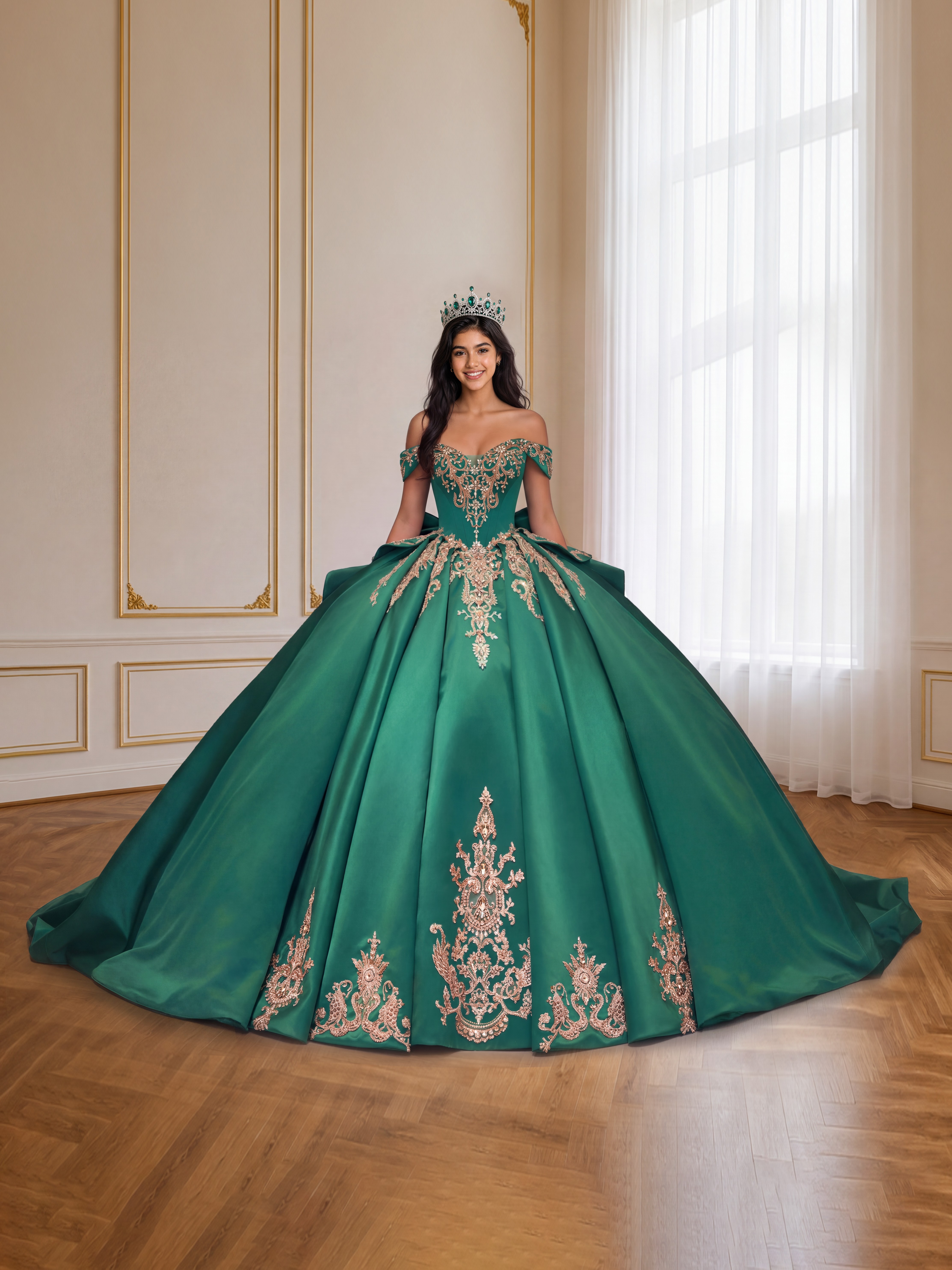 Green trailing puff dress