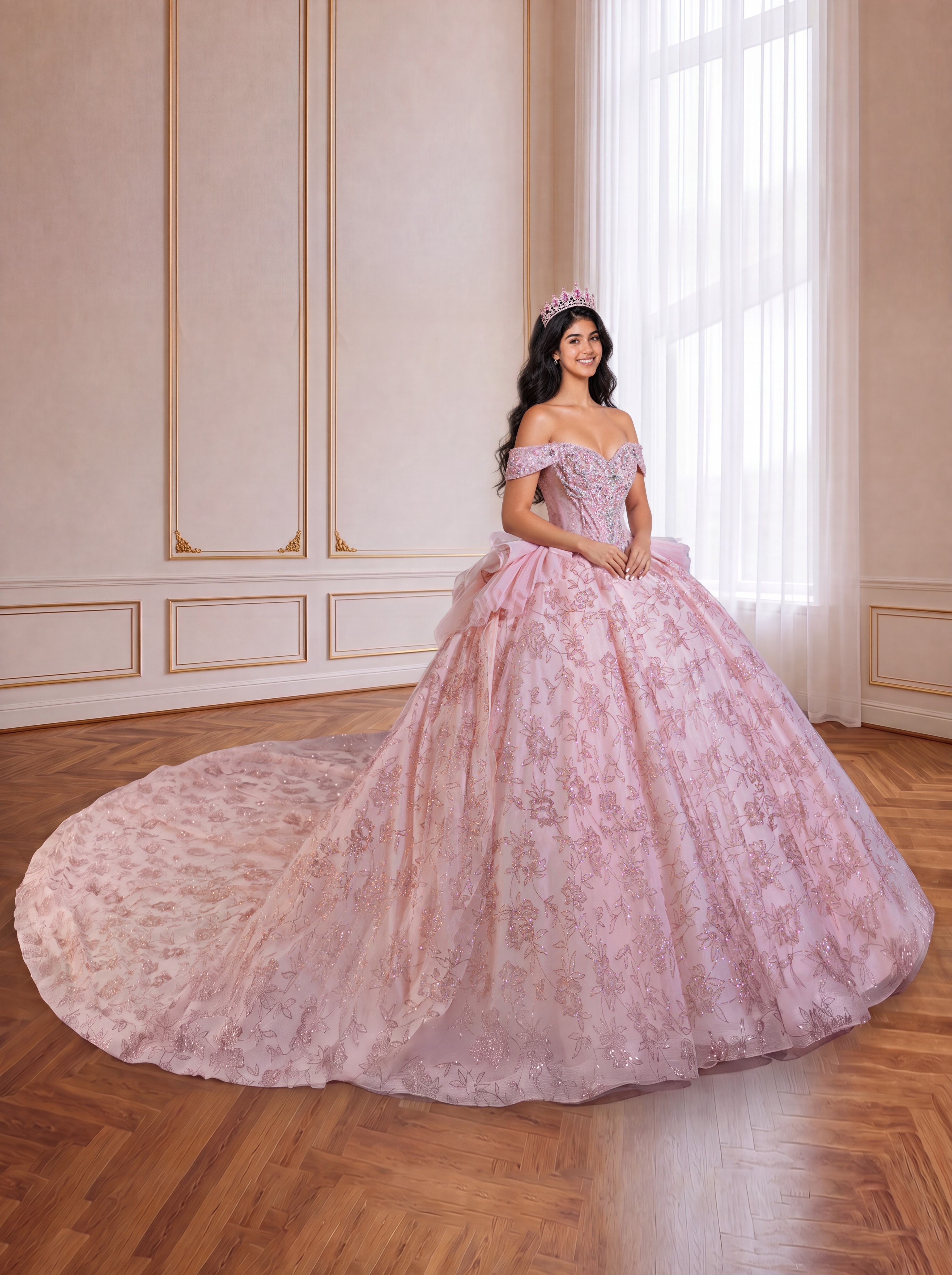 Pink one-shoulder diamond-studded adult ceremony dress