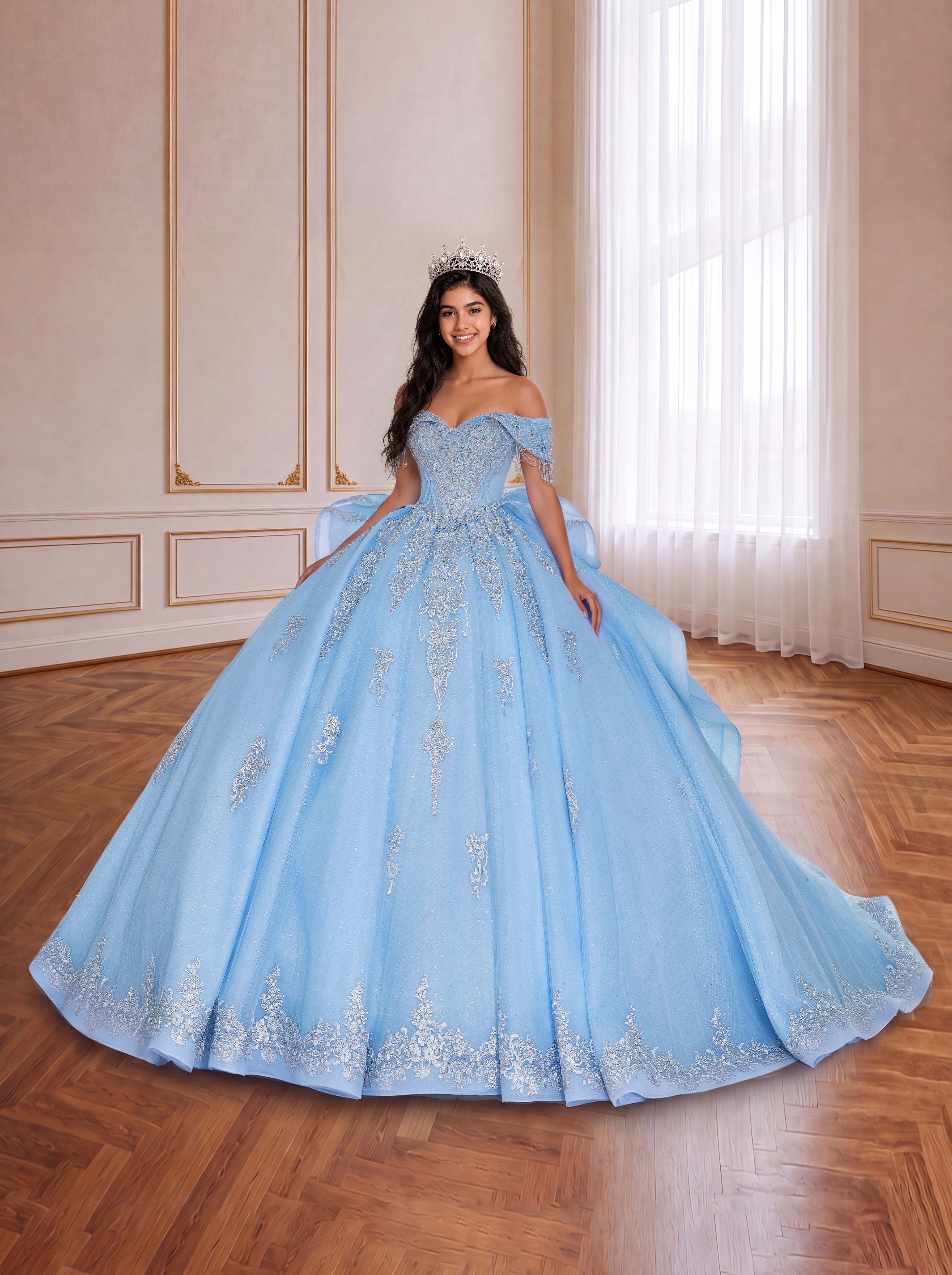 Sky Blue Fairytale Off Shoulder Quinceanera Gown With Silver Lace Appliqués