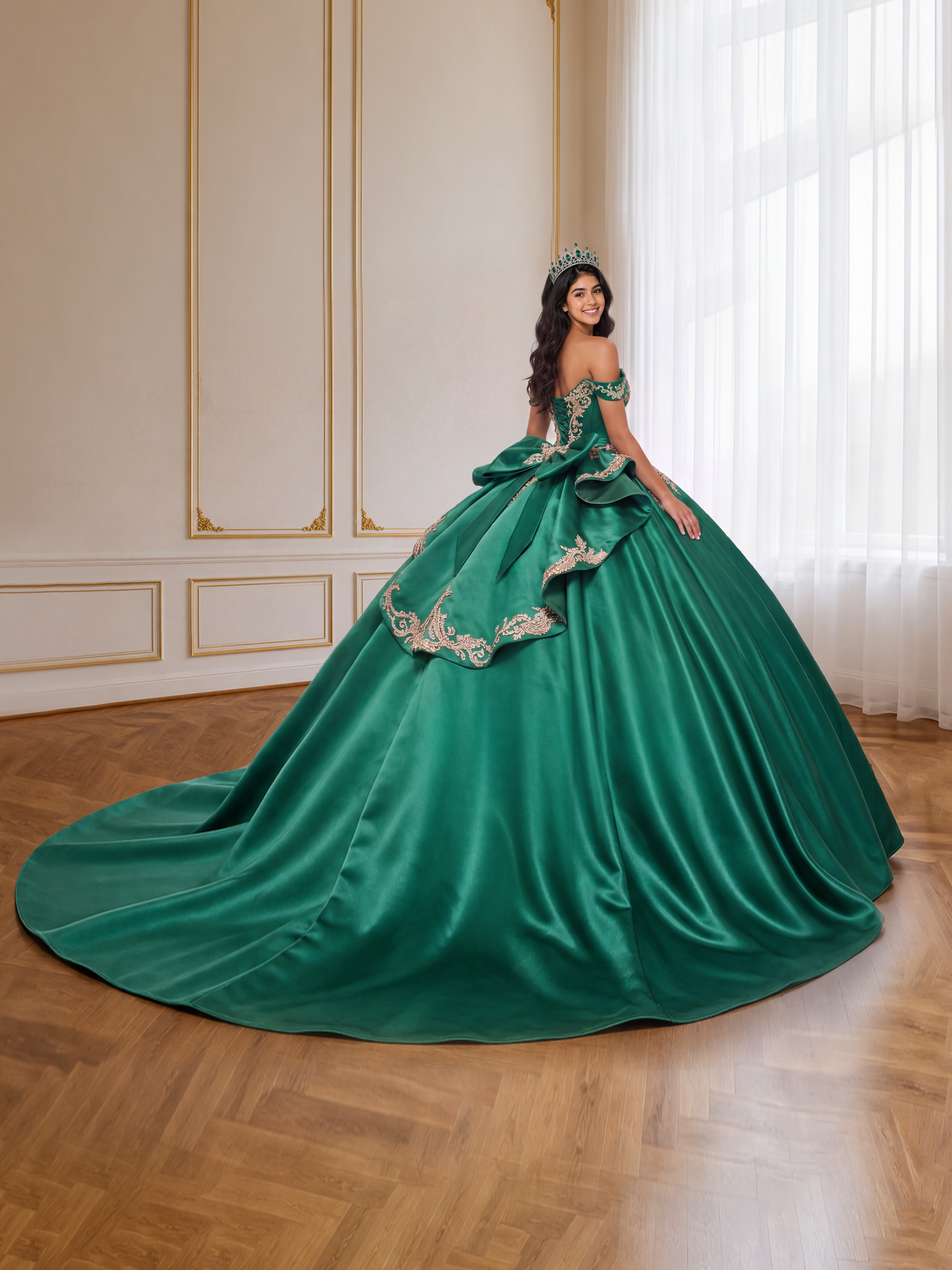Green trailing puff dress