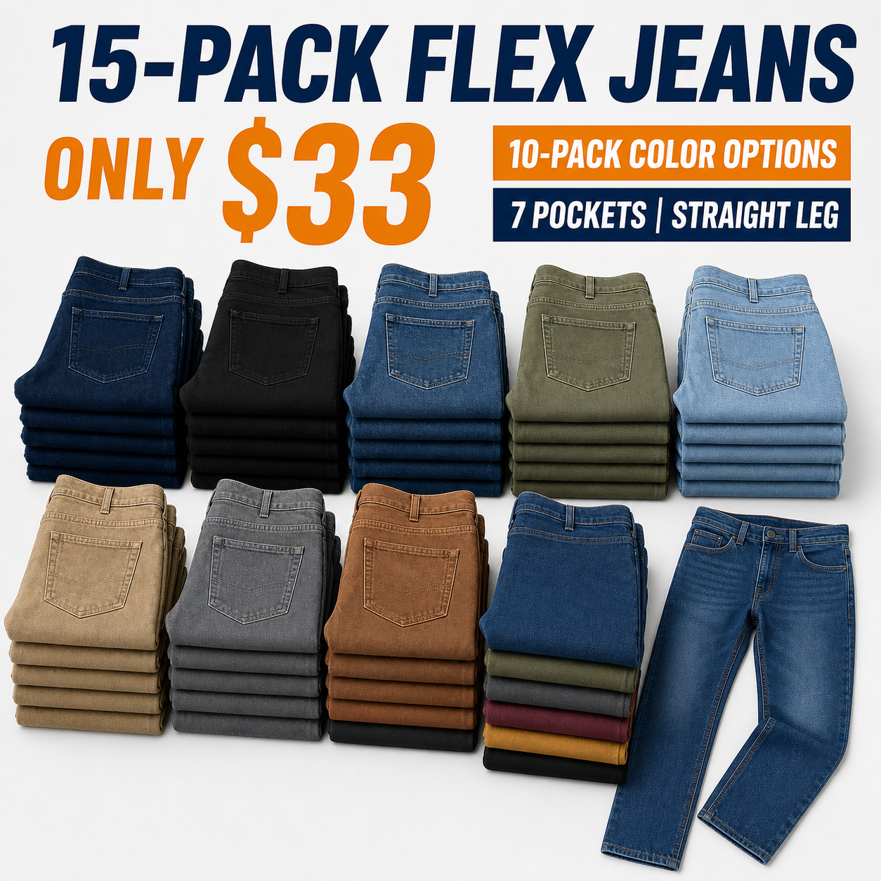Fifteen pack men's flex jeans promotion with assorted denim colors and straight leg style