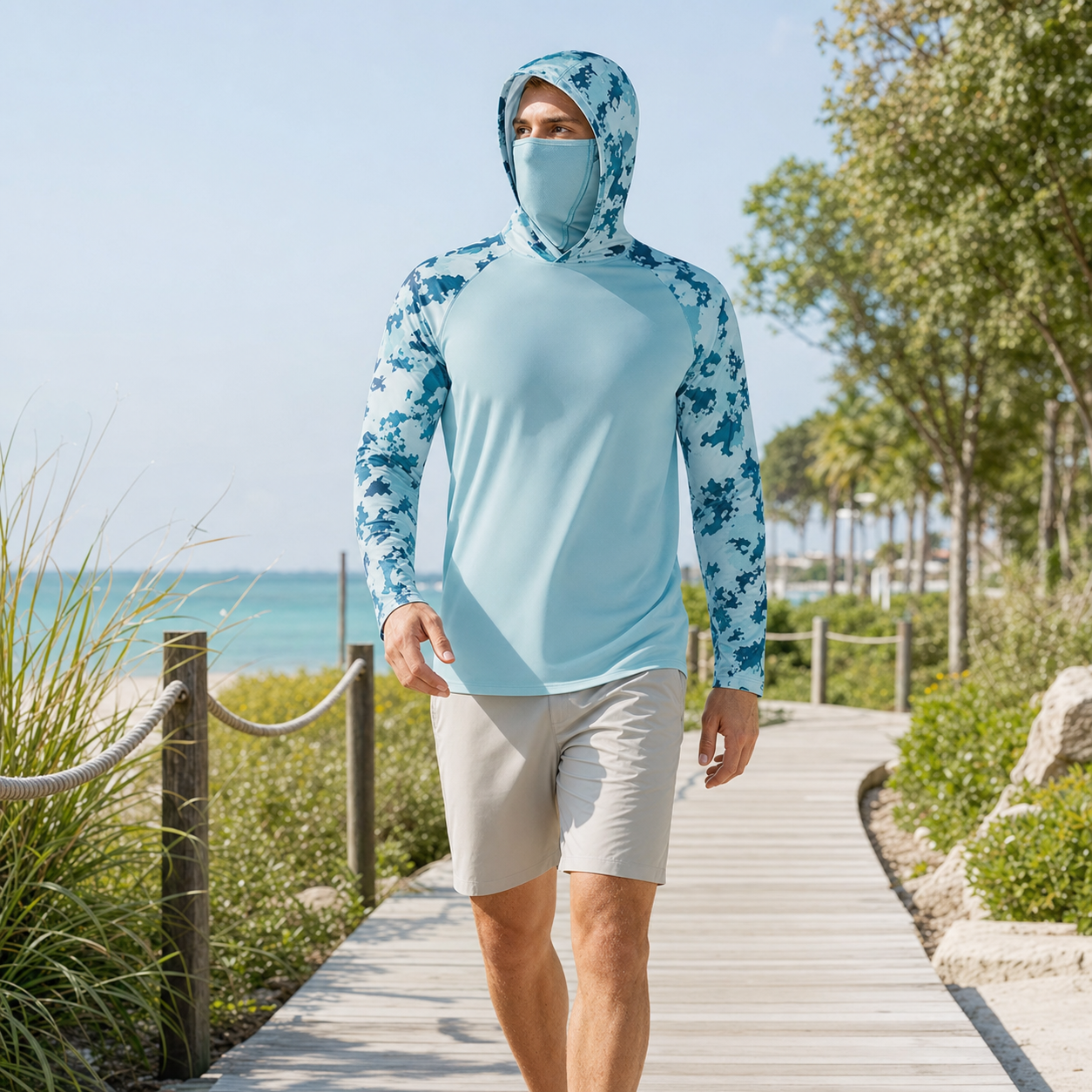Man wearing an aqua blue hooded performance sun hoodie on a sunny beach boardwalk