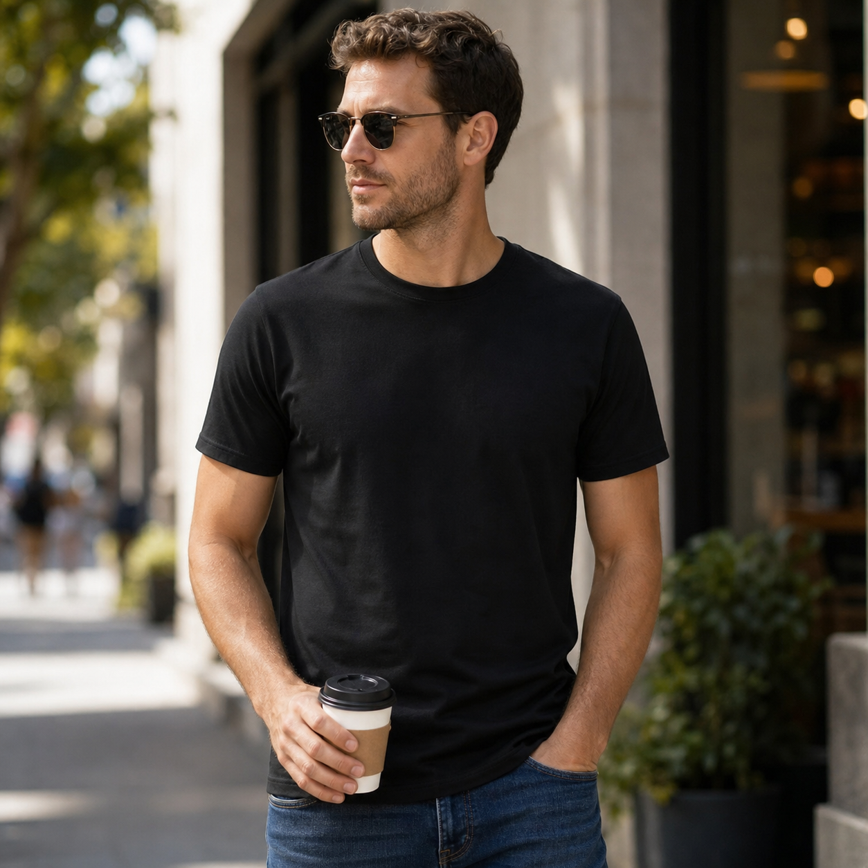 Man wearing a plain black crew neck T-shirt in a city daily scene