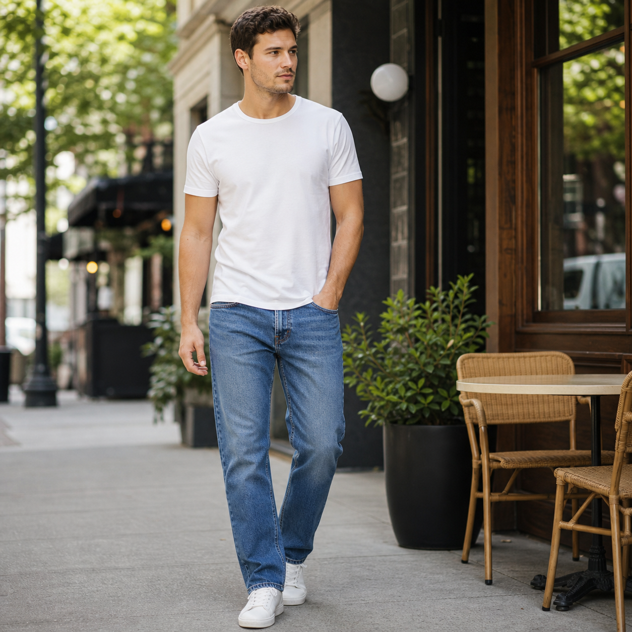 Man wearing medium wash CLASSIC STRAIGHT FIT JEANS in a casual street scene