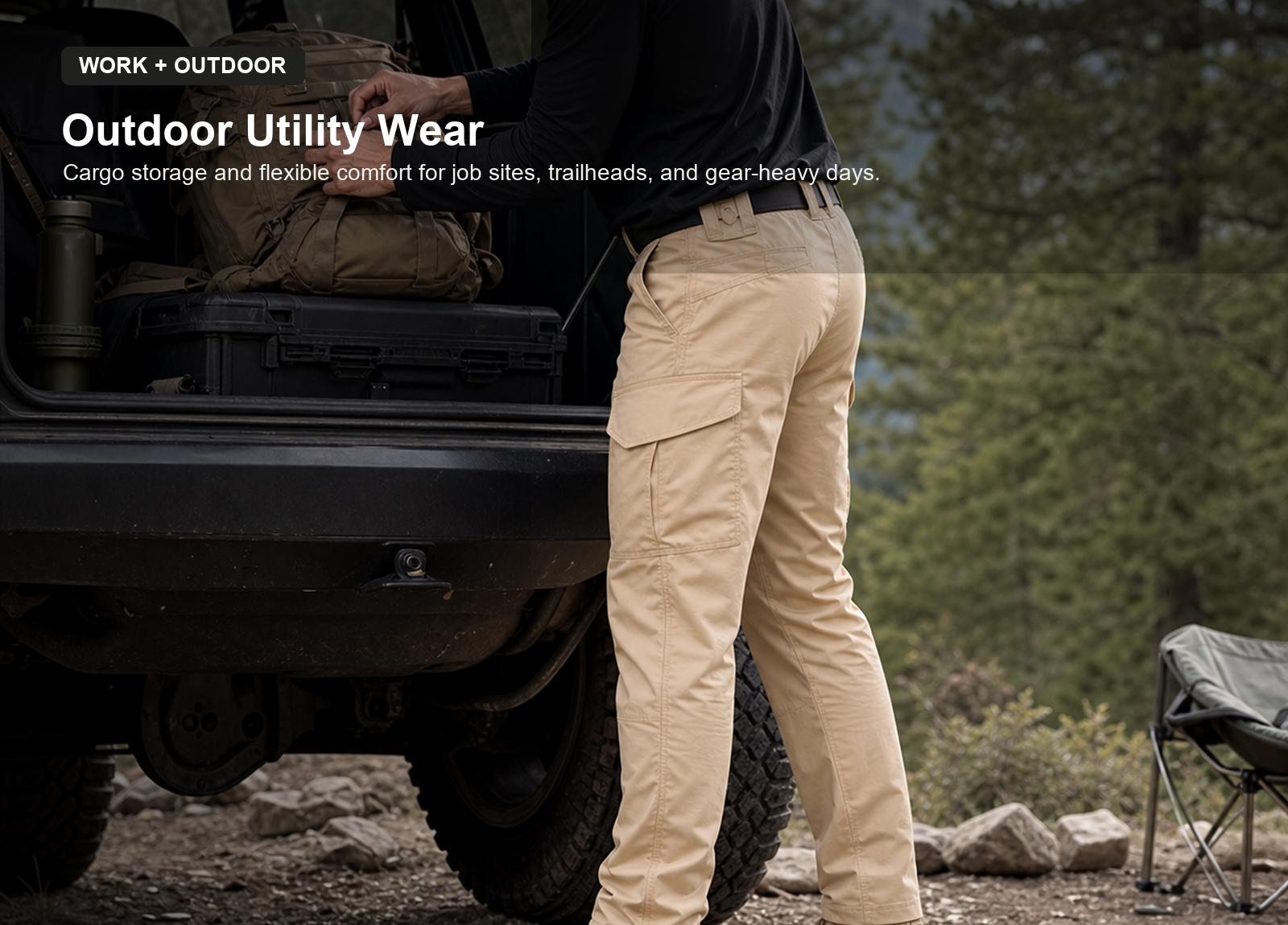 Man wearing khaki flex stretch tactical cargo pants in an outdoor utility scene
