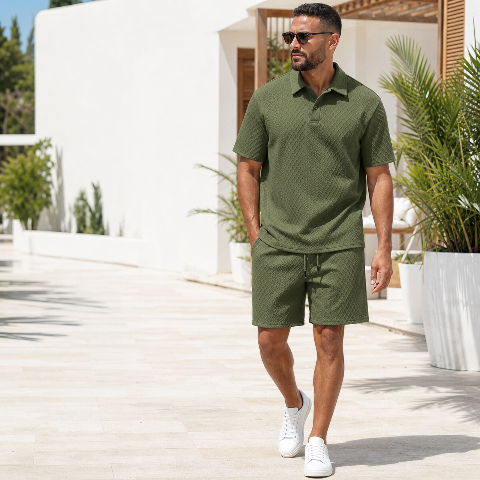 Man wearing olive textured polo shirt and drawstring shorts set in a resort walkway scene
