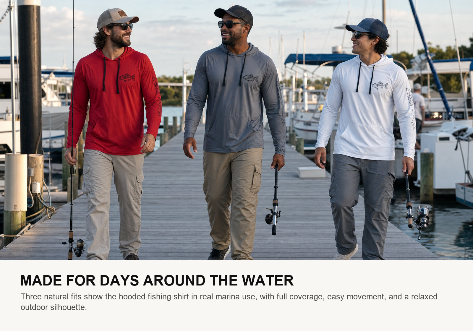 Three men wearing red charcoal and white hooded long sleeve fishing sun shirts at a marina