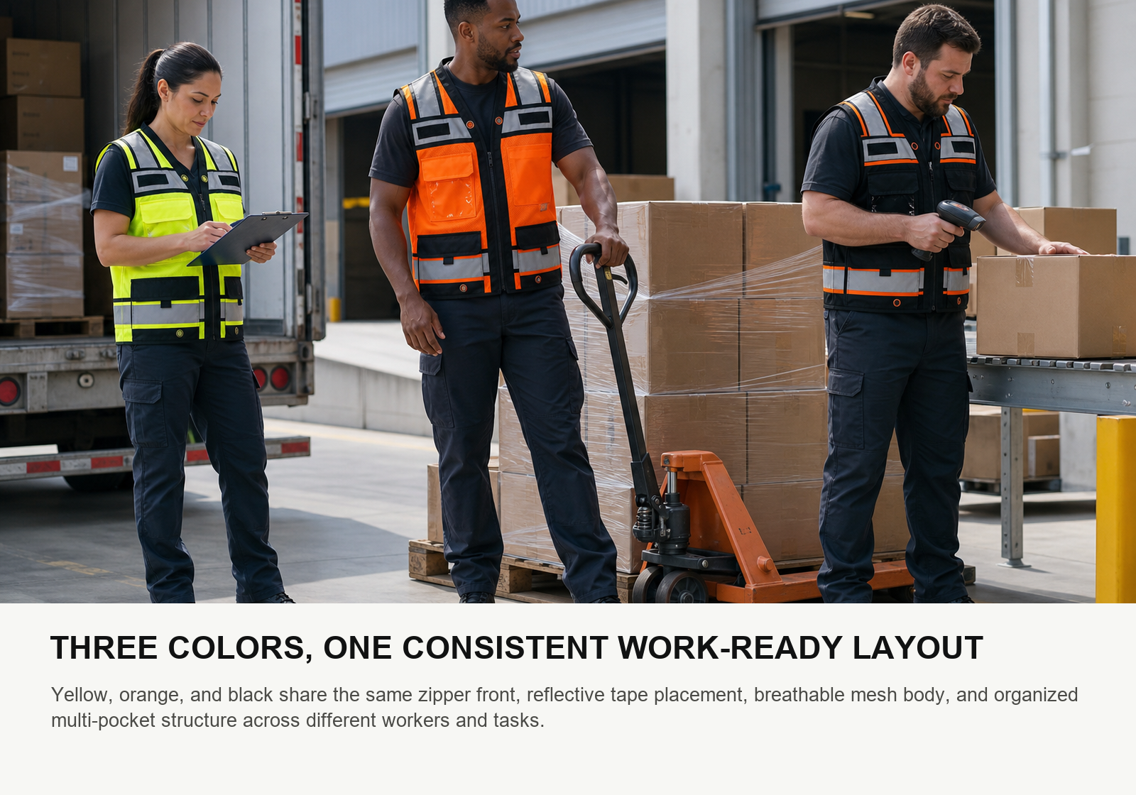 Three logistics workers wearing yellow orange and black reflective mesh safety vests