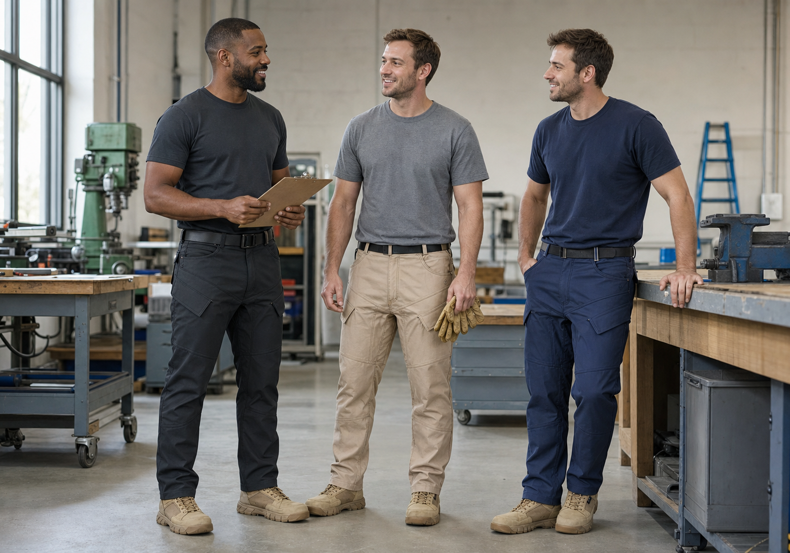 Three men wearing black khaki and navy tactical ripstop cargo pants in one workshop scene