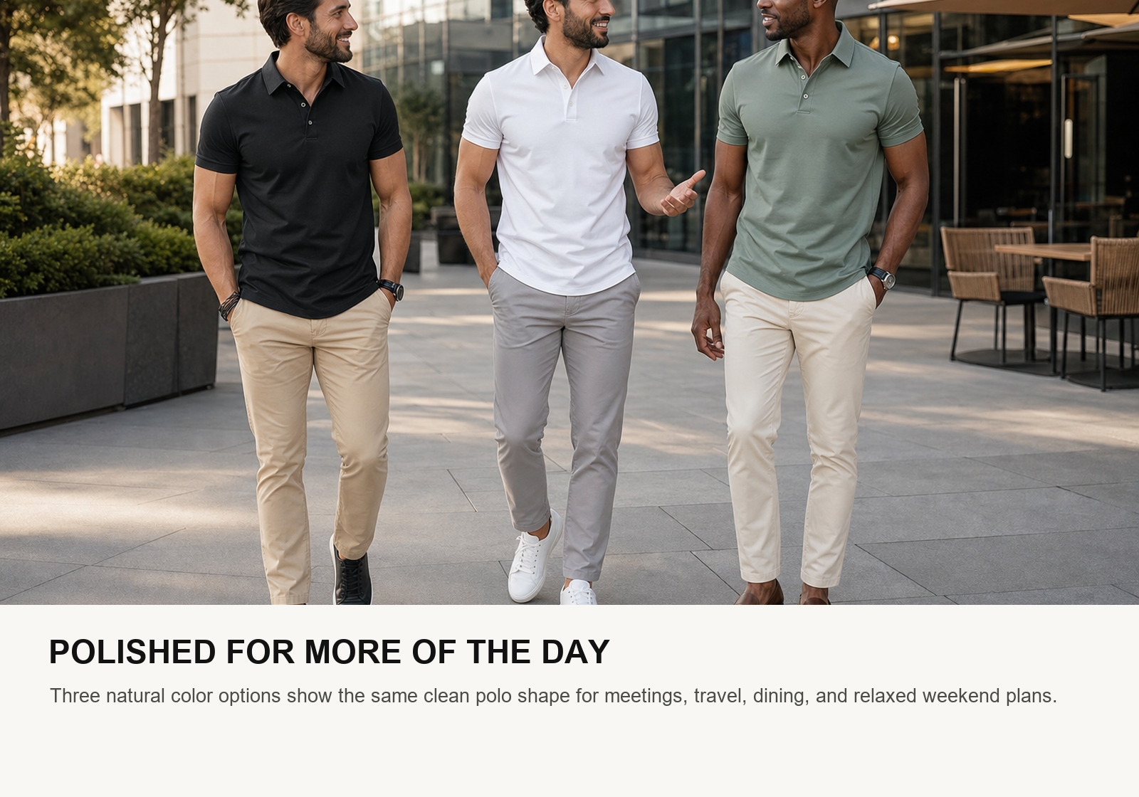 Three men wearing black white and sage green cotton-stretch casual business polo shirts in a modern business plaza