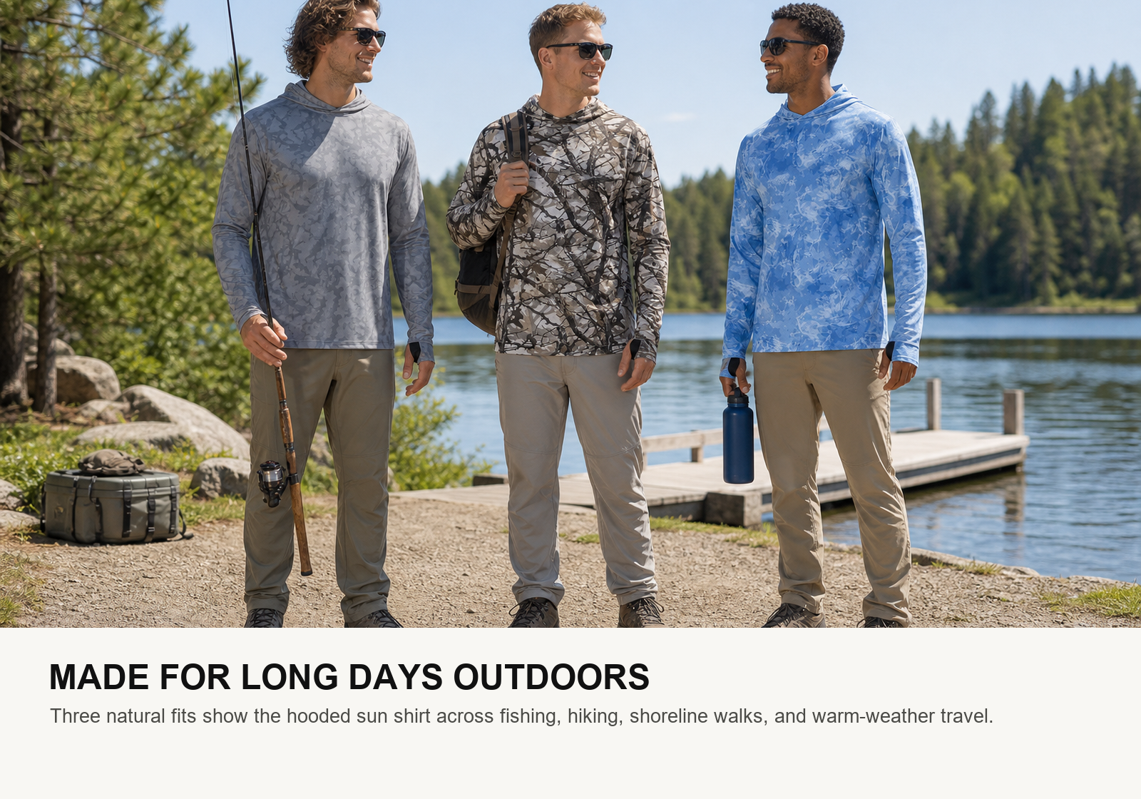 Three men wearing gray branch camo and light blue UPF 50 hooded sun shirts beside a lake