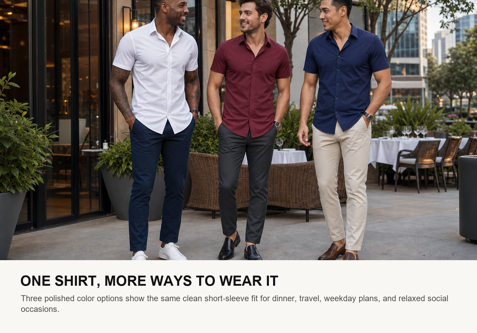 Three men wearing white burgundy and navy short-sleeve stretch button-up shirts at a modern outdoor restaurant