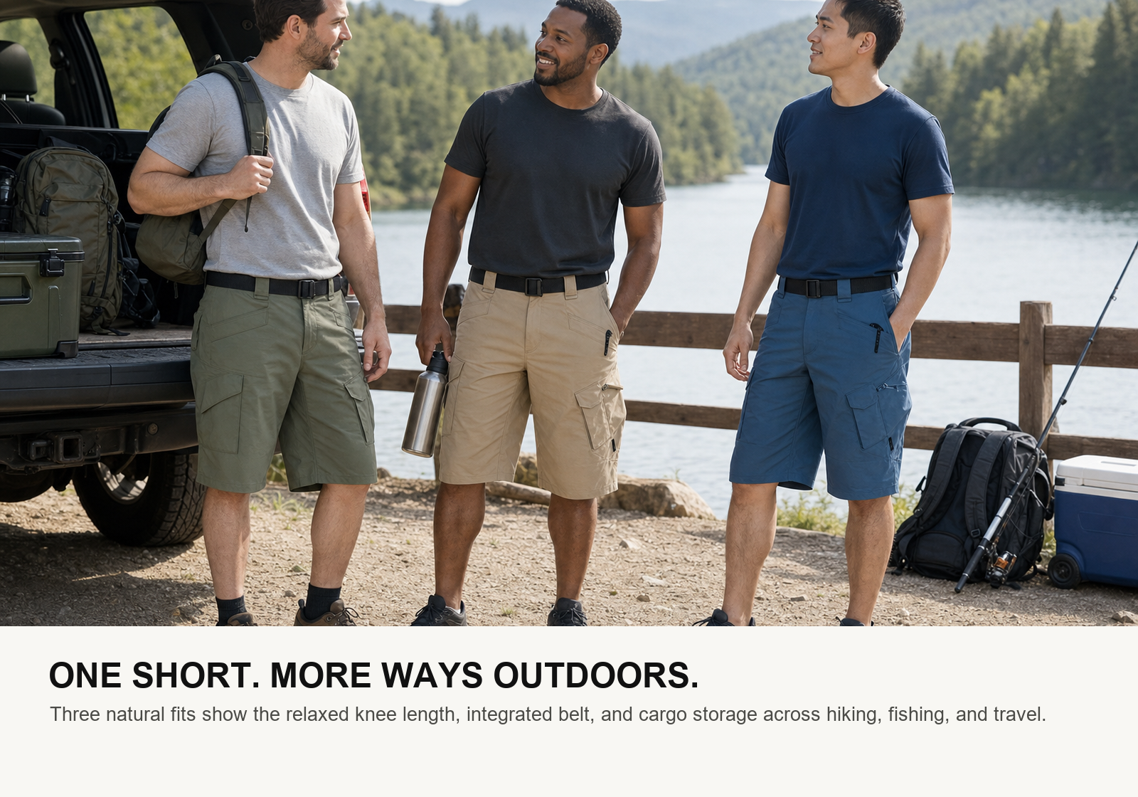Three men wearing olive khaki and blue multi-pocket tactical shorts at a lakeside trailhead