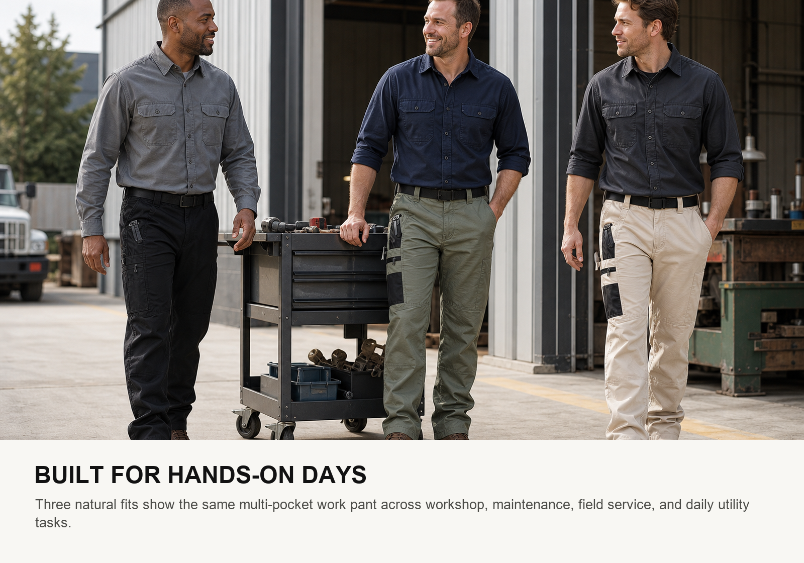 Three men wearing black army green and beige multi-pocket tactical work pants outside a workshop