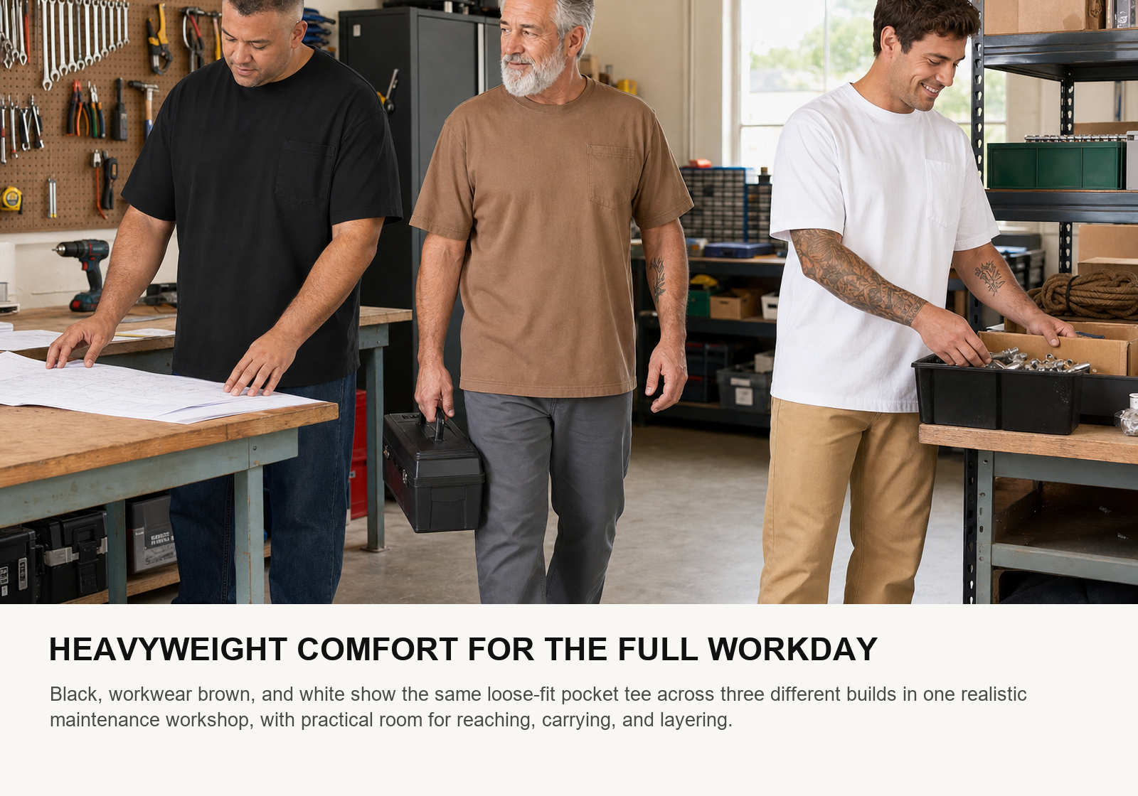 Three men wearing black brown and white heavyweight Relaxed Fit pocket T-shirts in a maintenance workshop