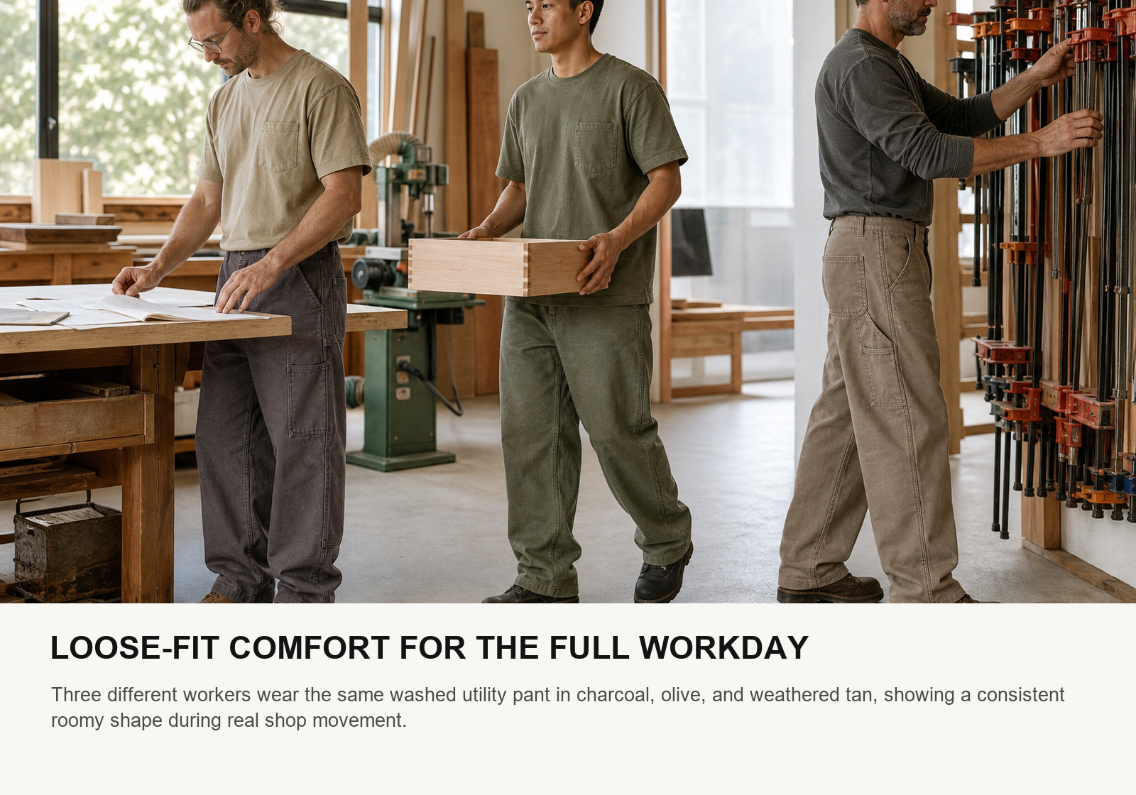 Three men wearing charcoal olive and tan Relaxed Fit washed utility work pants in a furniture workshop