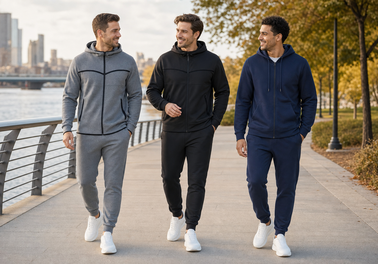 Three men wearing gray striped, black solid, and navy classic fleece hoodie and jogger sets