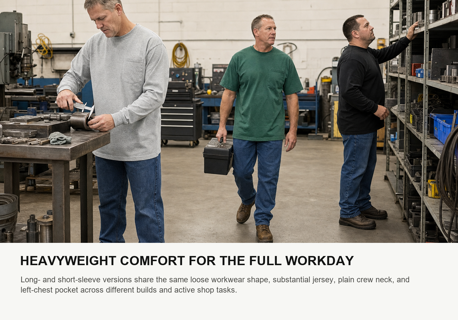 Three maintenance workers wearing gray black and green heavyweight pocket T-shirts in long and short sleeve styles