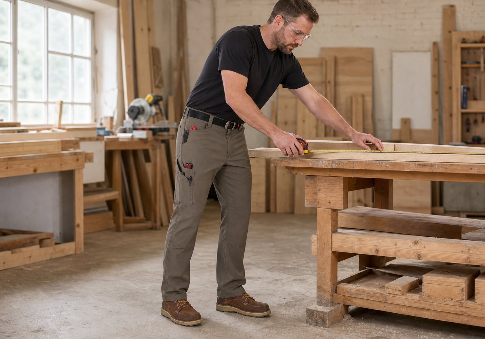 Carpenter wearing brown seven-pocket tech work pants while measuring lumber