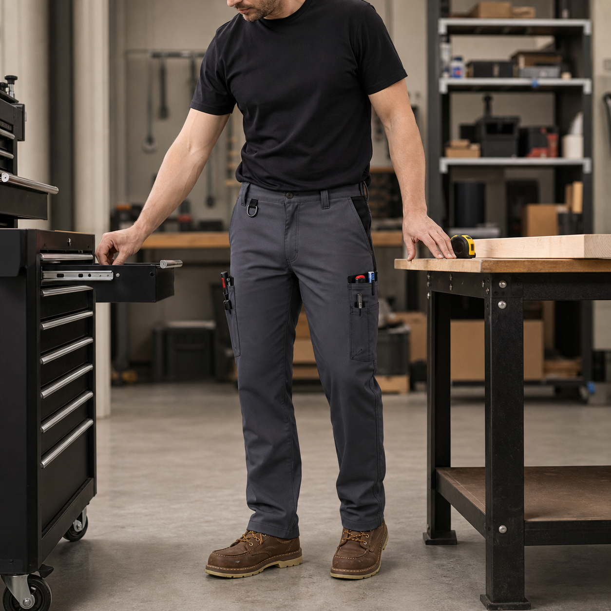 Man wearing gray tech work cargo pants with utility pockets in a workshop