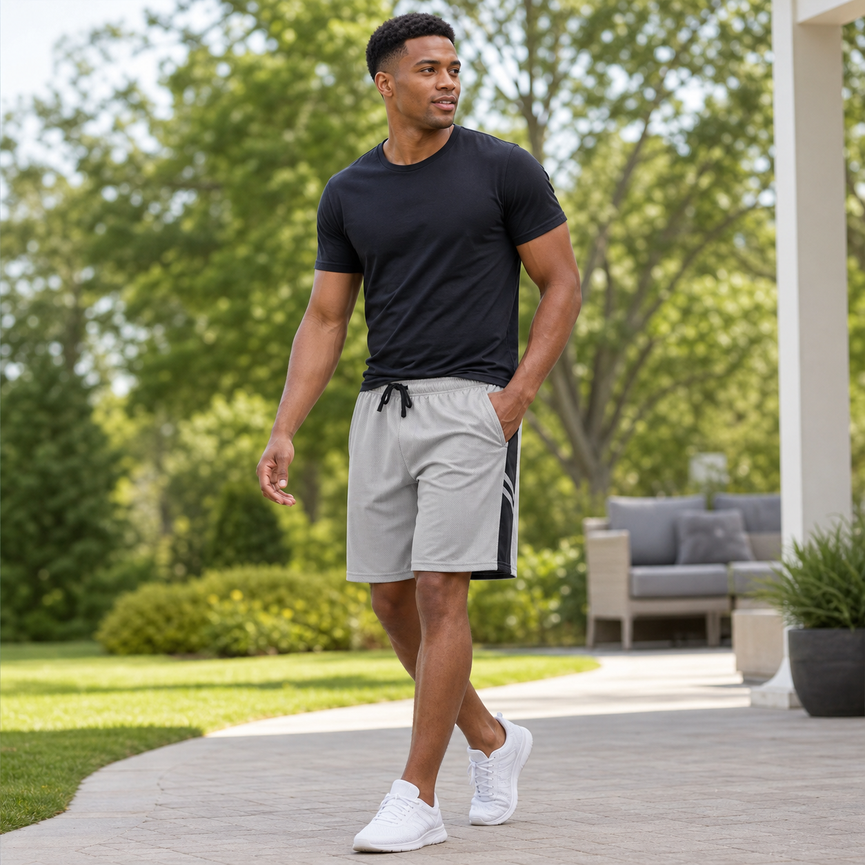 Man wearing gray mesh athletic shorts in a casual patio walking scene