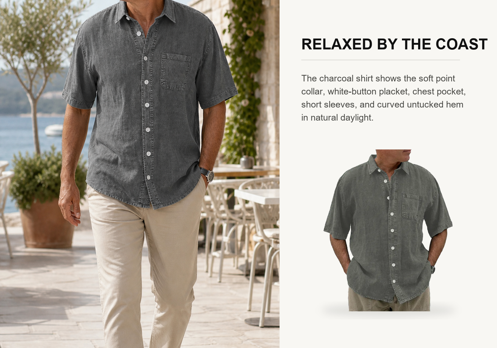 Man wearing a charcoal washed cotton linen short sleeve pocket shirt on a coastal cafe walkway